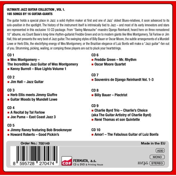 CD-Hülle mit Text, die verschiedene Jazzgitarren-Sammlungen und Künstler auflistet.
