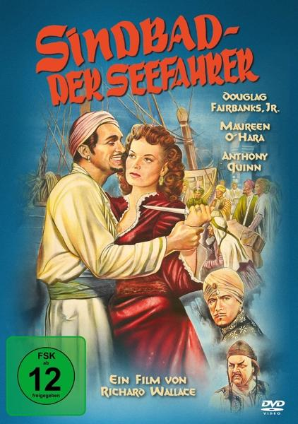 Filmposter für 'Sindbad der Seefahrer' mit Schauspielern. Buntes Design mit blauem Hintergrund und Figuren.