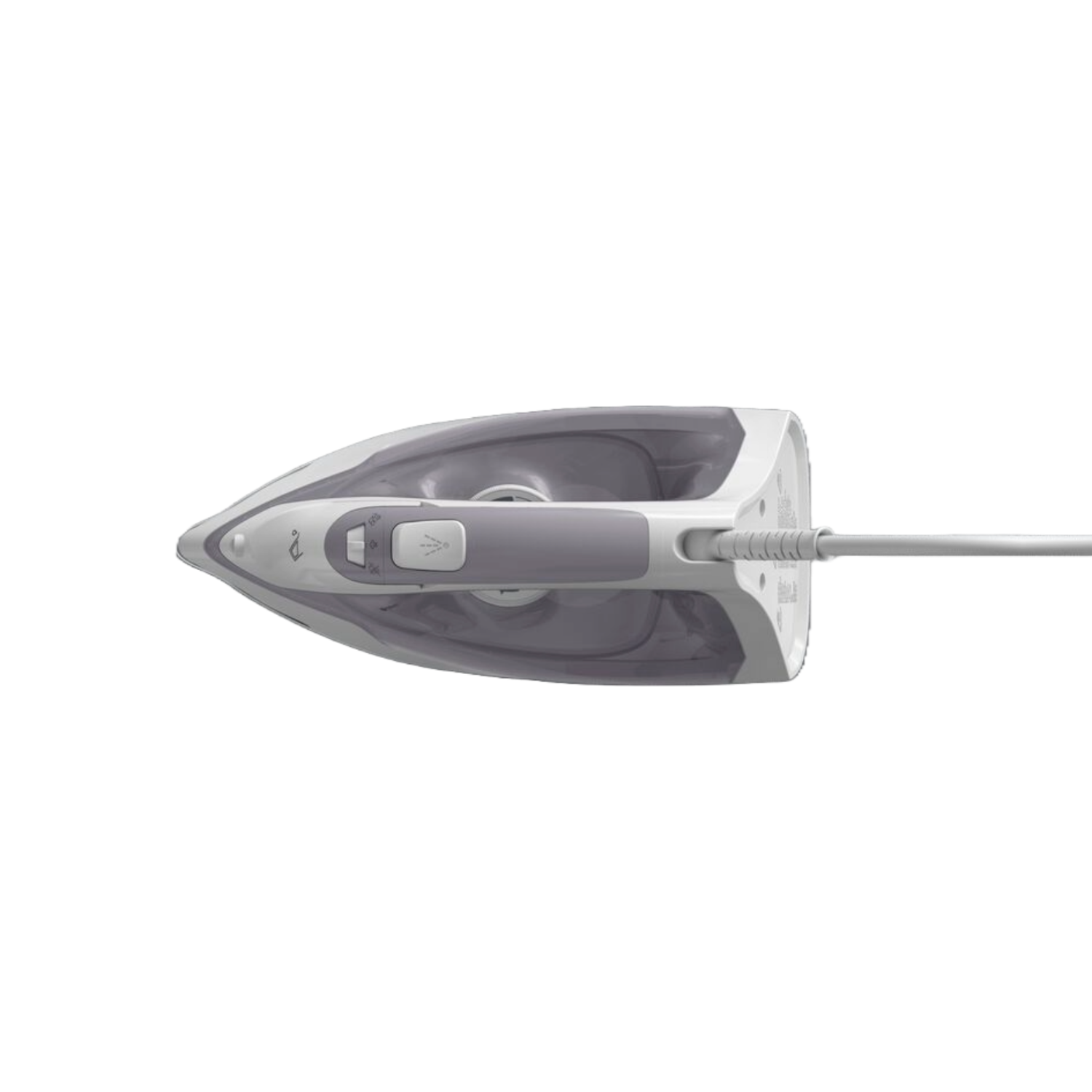 Top view of a white and gray iron with cord.