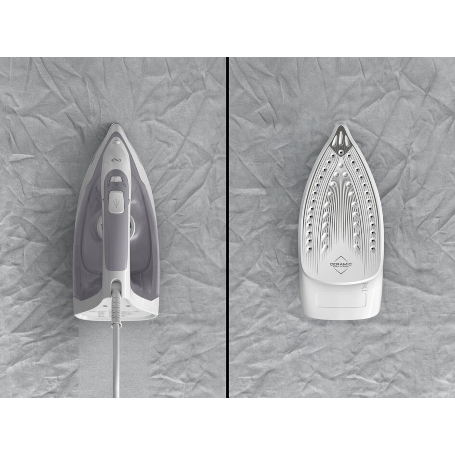 Two views of a grey and white iron, on grey fabric. One is the top, the other the soleplate.