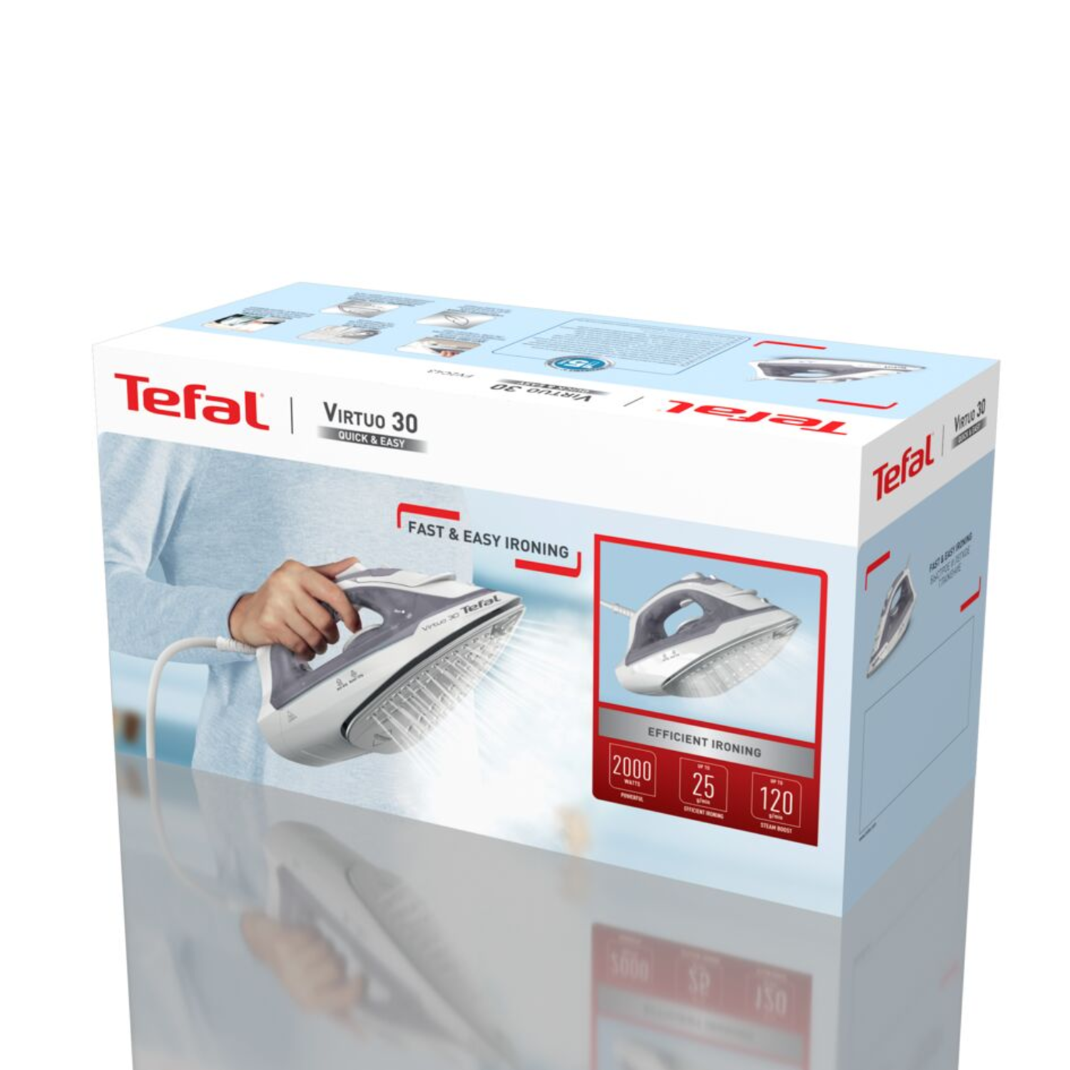 Tefal Virtuo 30 iron box.  The box shows the iron and its features like 'Fast & Easy Ironing'.