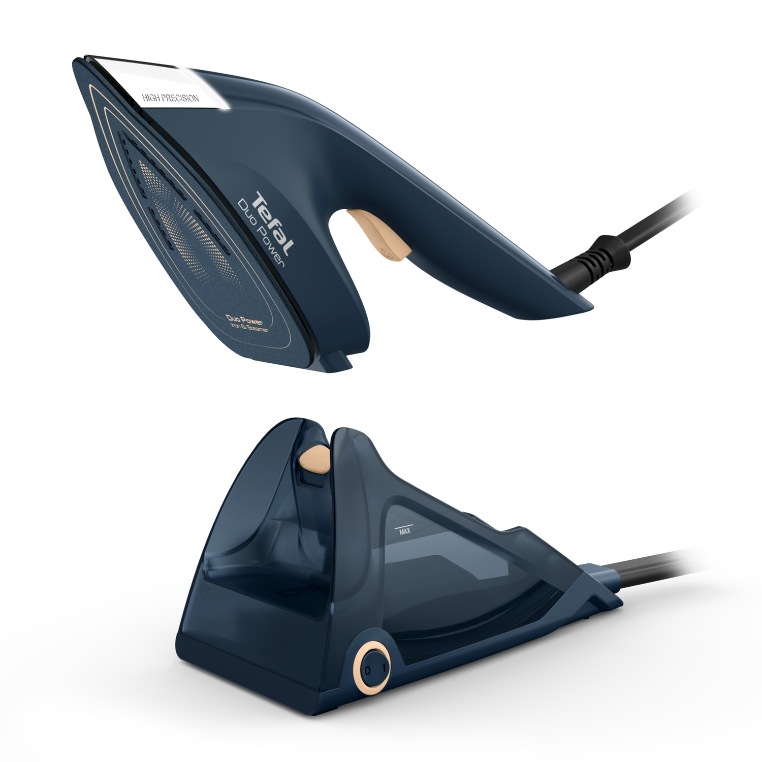 Two views of a blue iron: top and angled side views. Black handle and power cord.