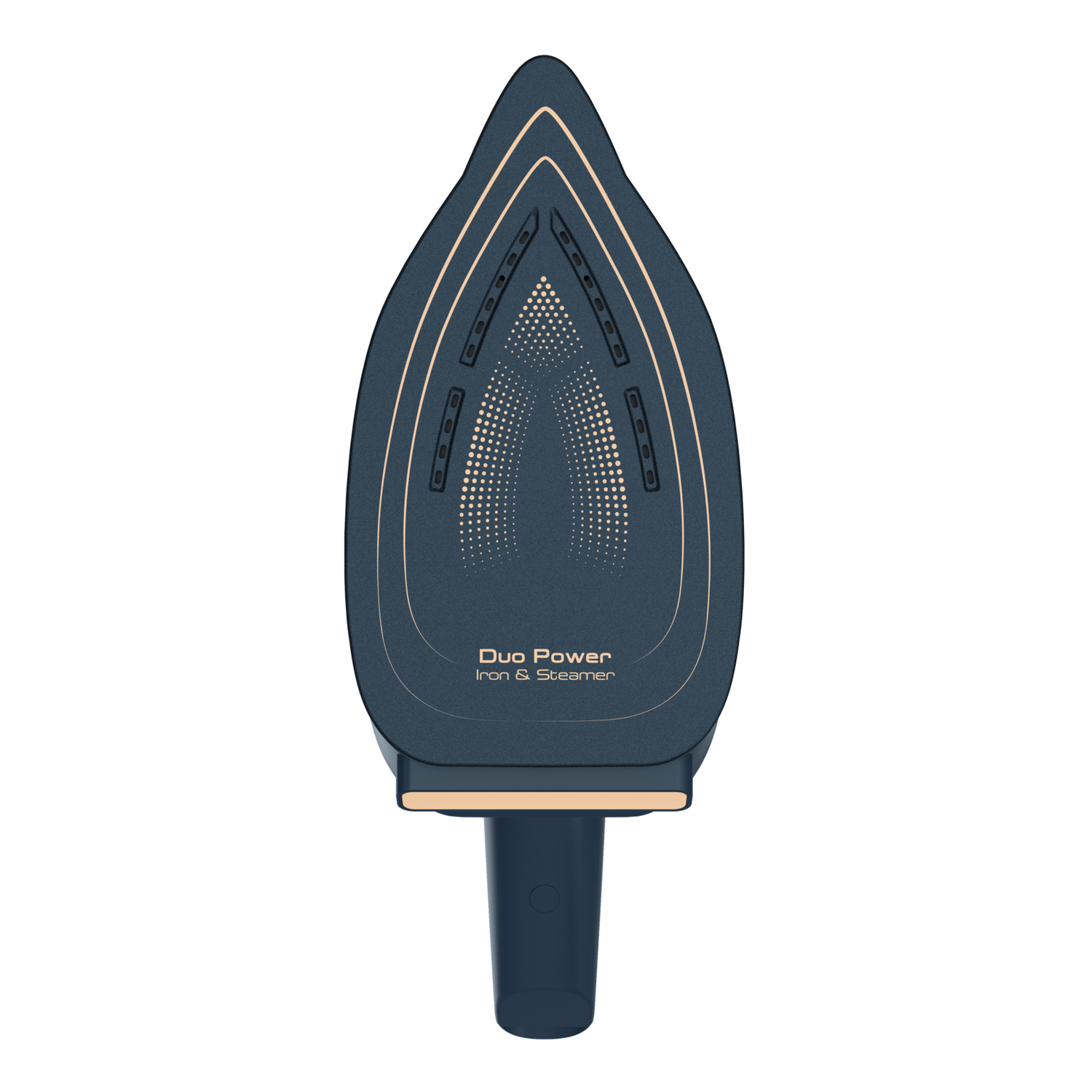 Duo Power iron and steamer. Blue iron with gold accents. Top-down view on white surface.