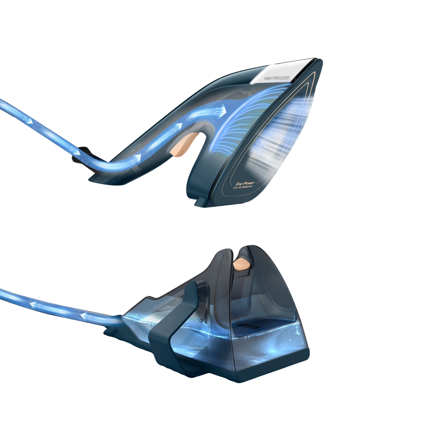Two views of a blue and grey iron. The views show the iron's design, including steam flow lines.