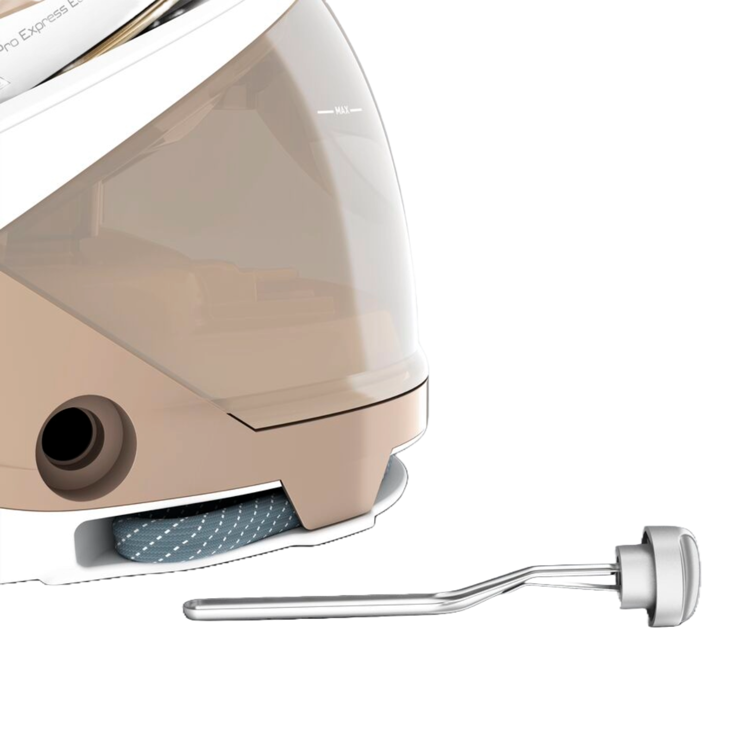 Close-up van ijzercomponenten. Beige-witte behuizing, blauw snoer, handvat.