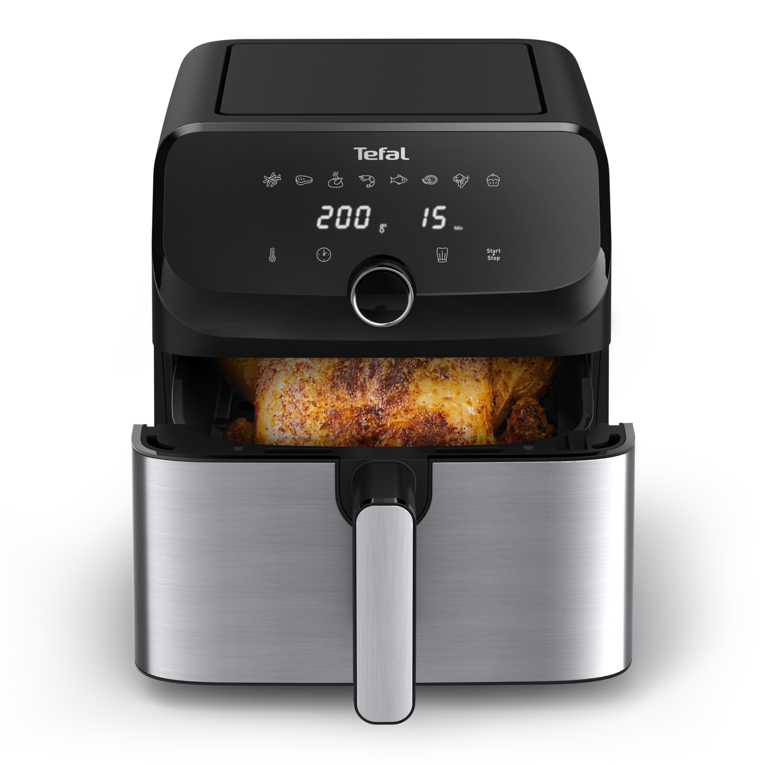 A Tefal air fryer with a browned chicken inside the basket.