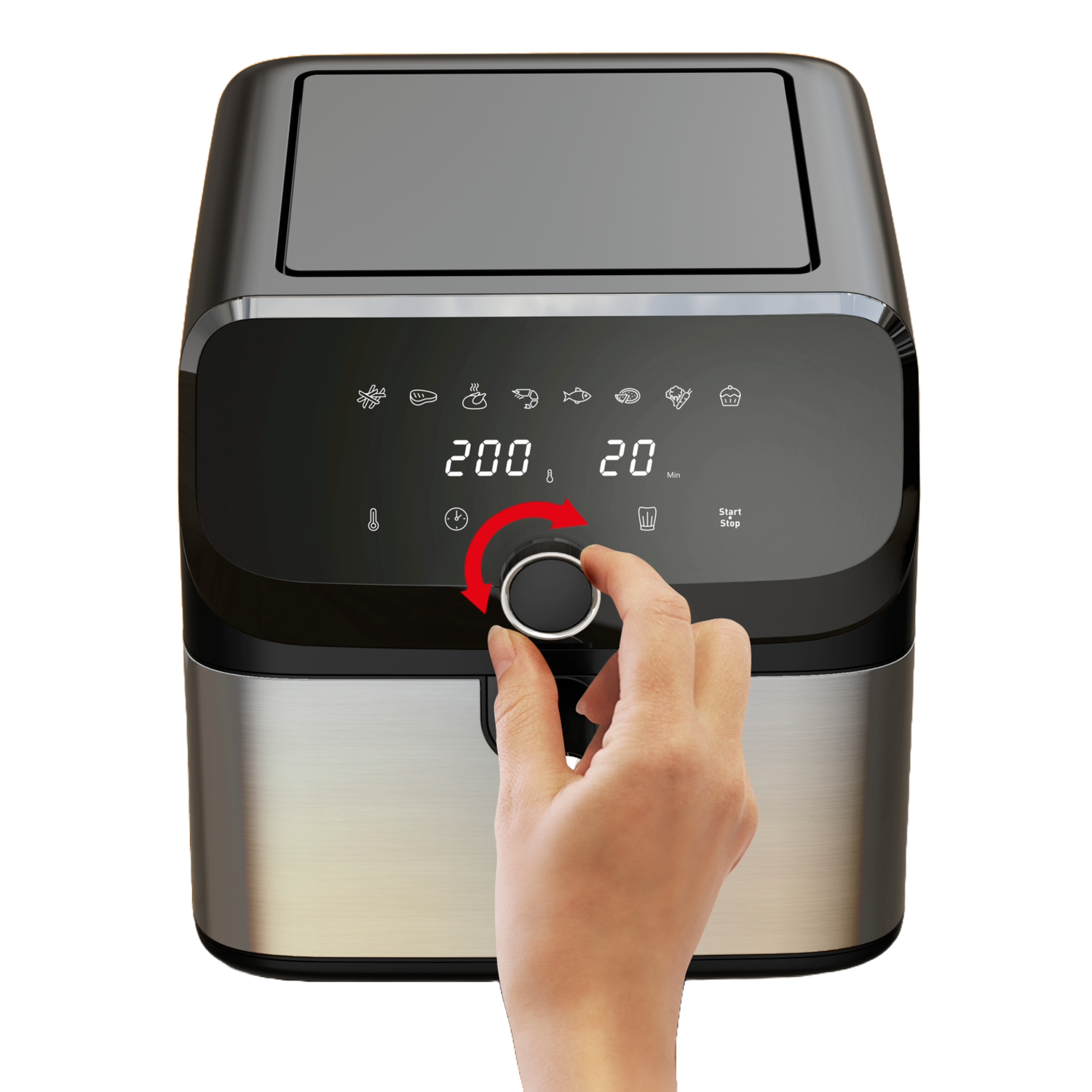 A hand turns the dial on a black air fryer with a digital display.