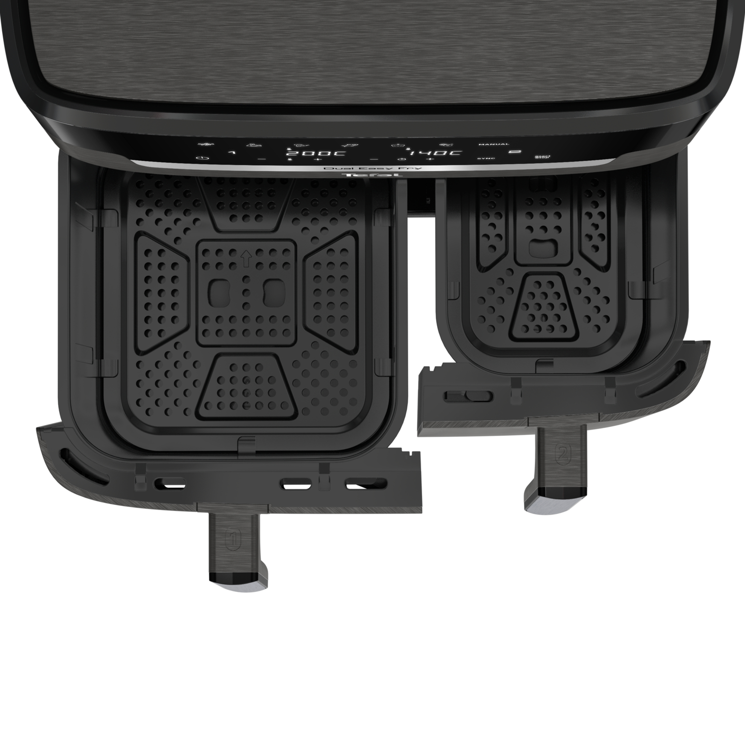 A black dual air fryer with two drawers and a digital display.