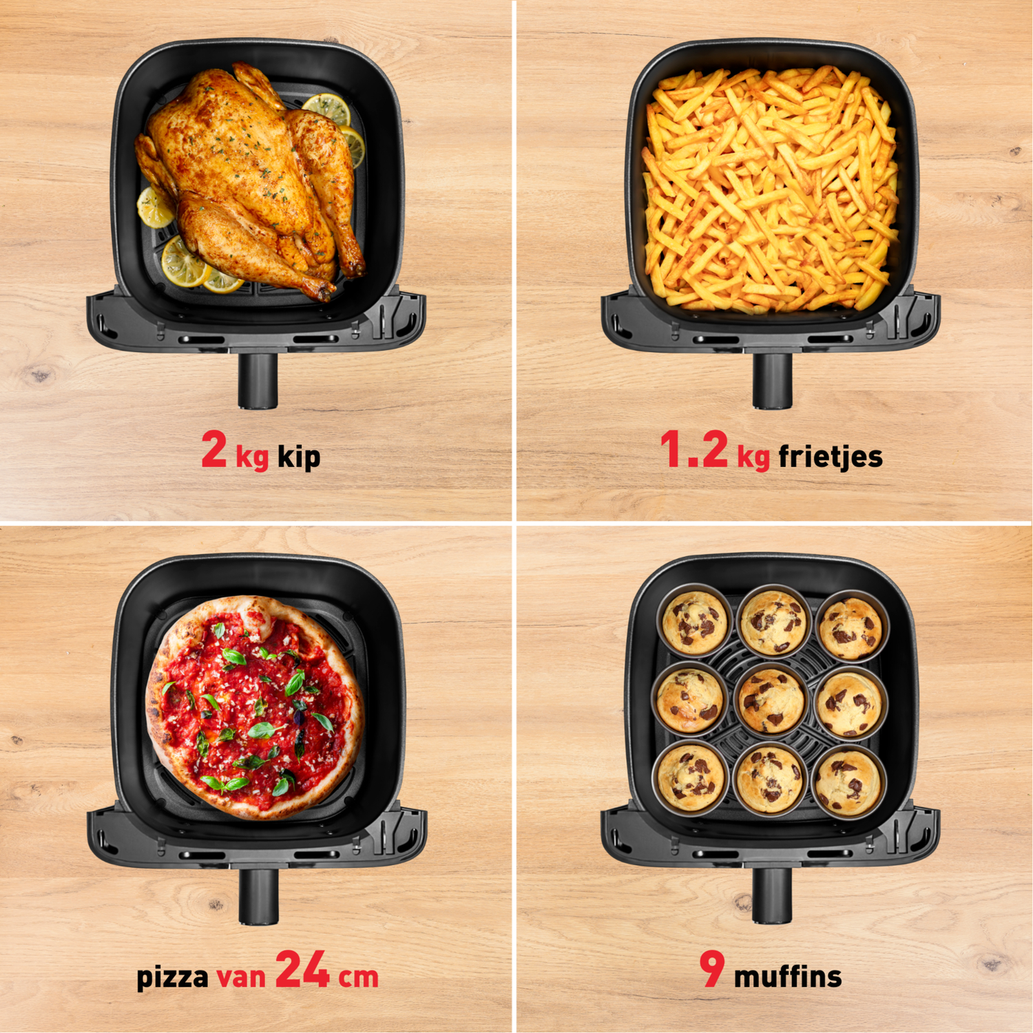 A whole chicken, french fries, pizza, and muffins inside an air fryer.