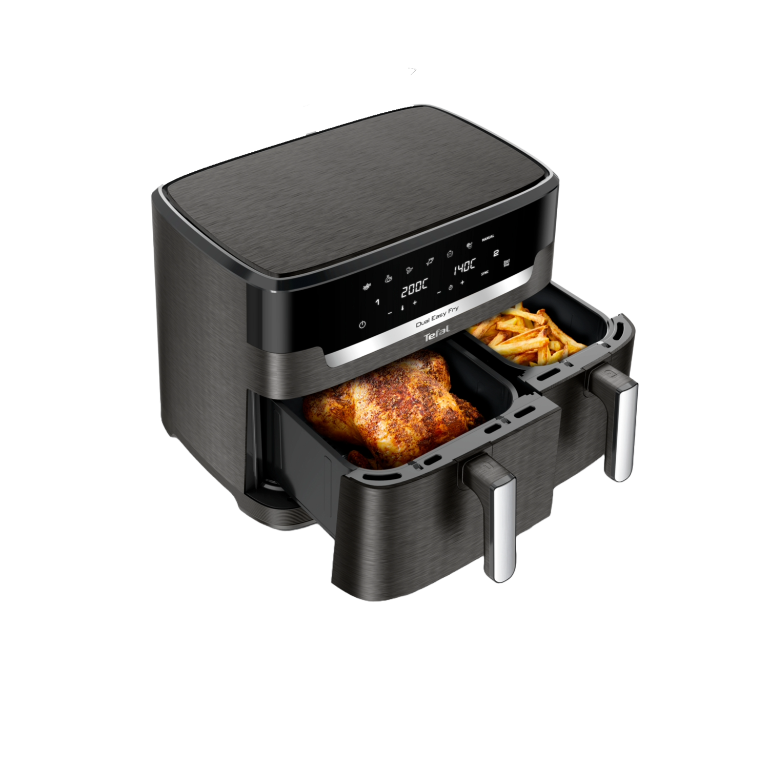A dual-zone air fryer with a whole roasted chicken and fries, set against a dark background.
