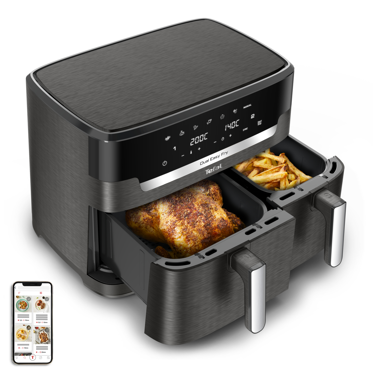 Dual air fryer with food and fries, and a phone showing an app.