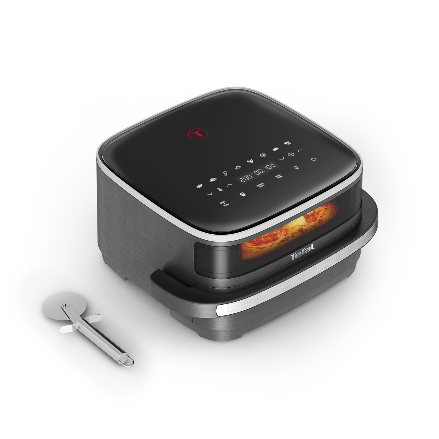 A Tefal air fryer with a pizza cutter. The air fryer is black with a digital display and a handle.