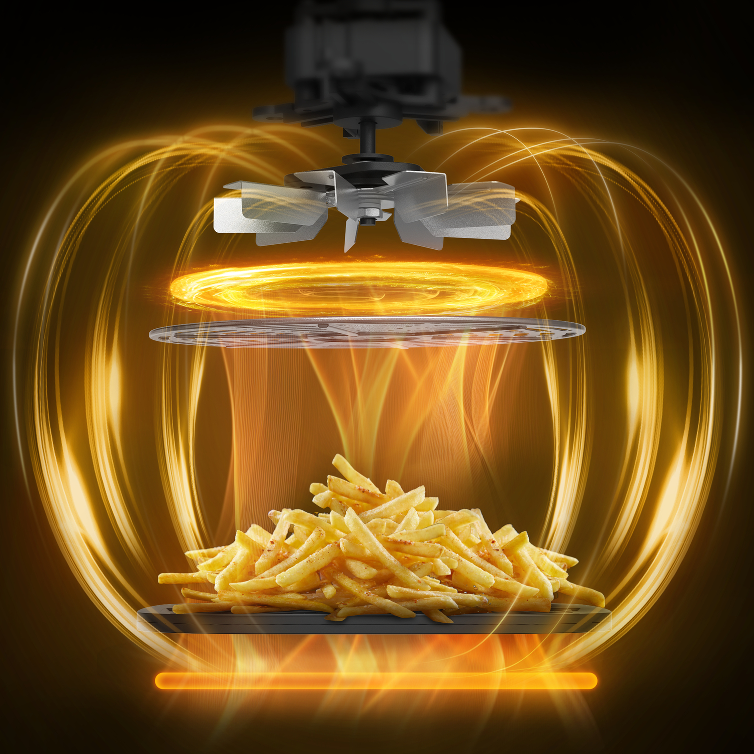 An air fryer with fries inside. Orange light effects surround the food and appliance.