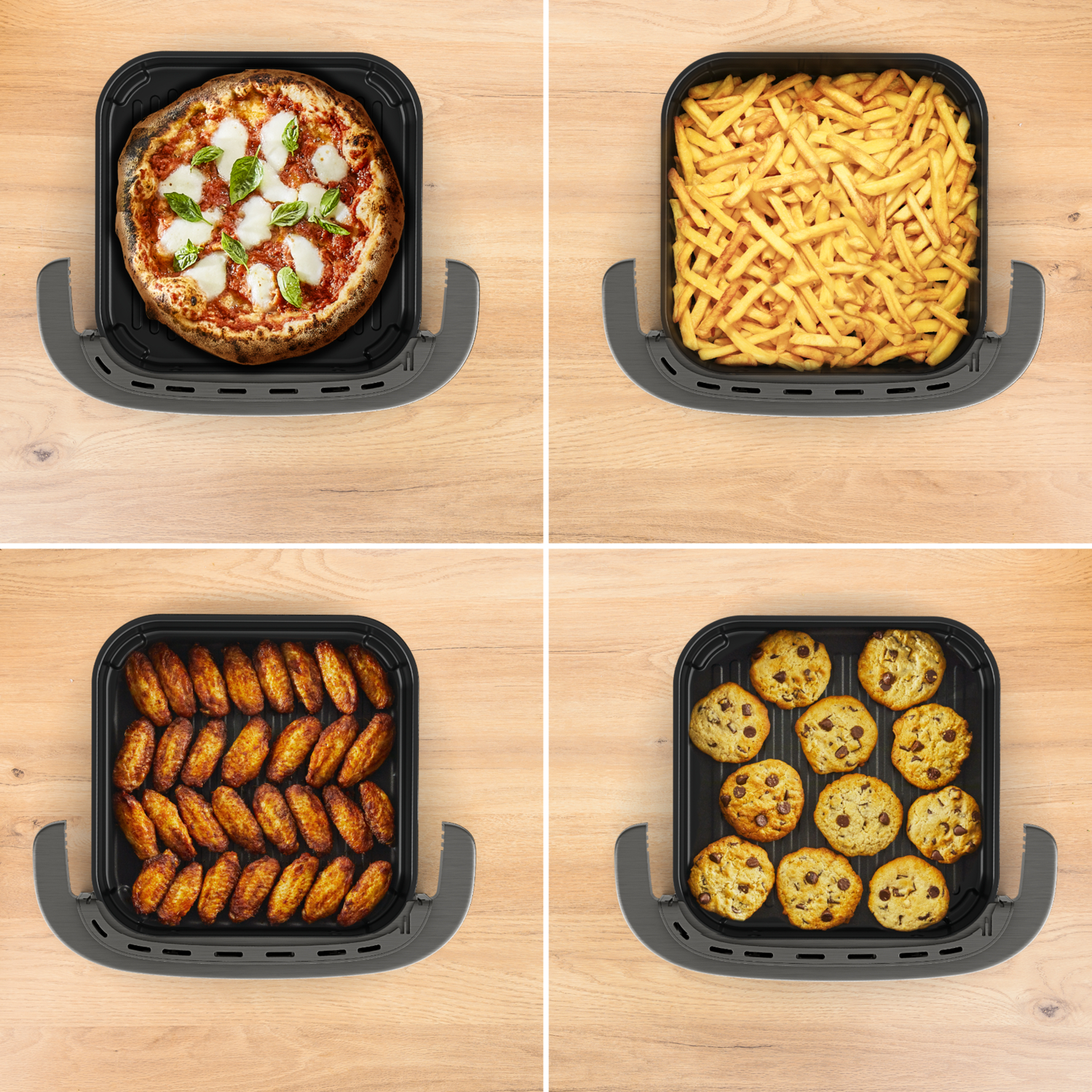 Four images of food in black air fryer trays: pizza, fries, chicken wings, and cookies.