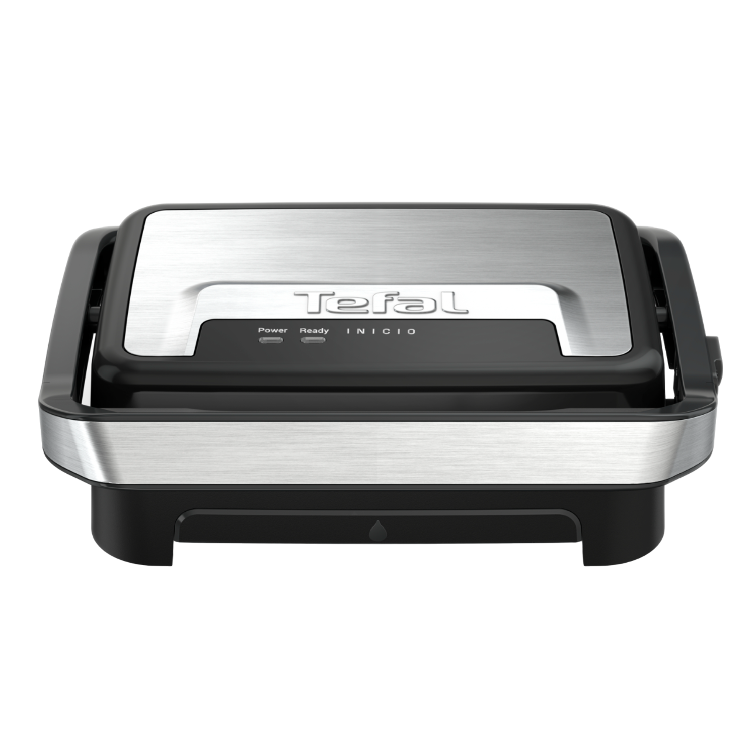 Een zwarte en zilveren Tefal panini pers. De Power- en Ready-lampjes zijn zichtbaar.