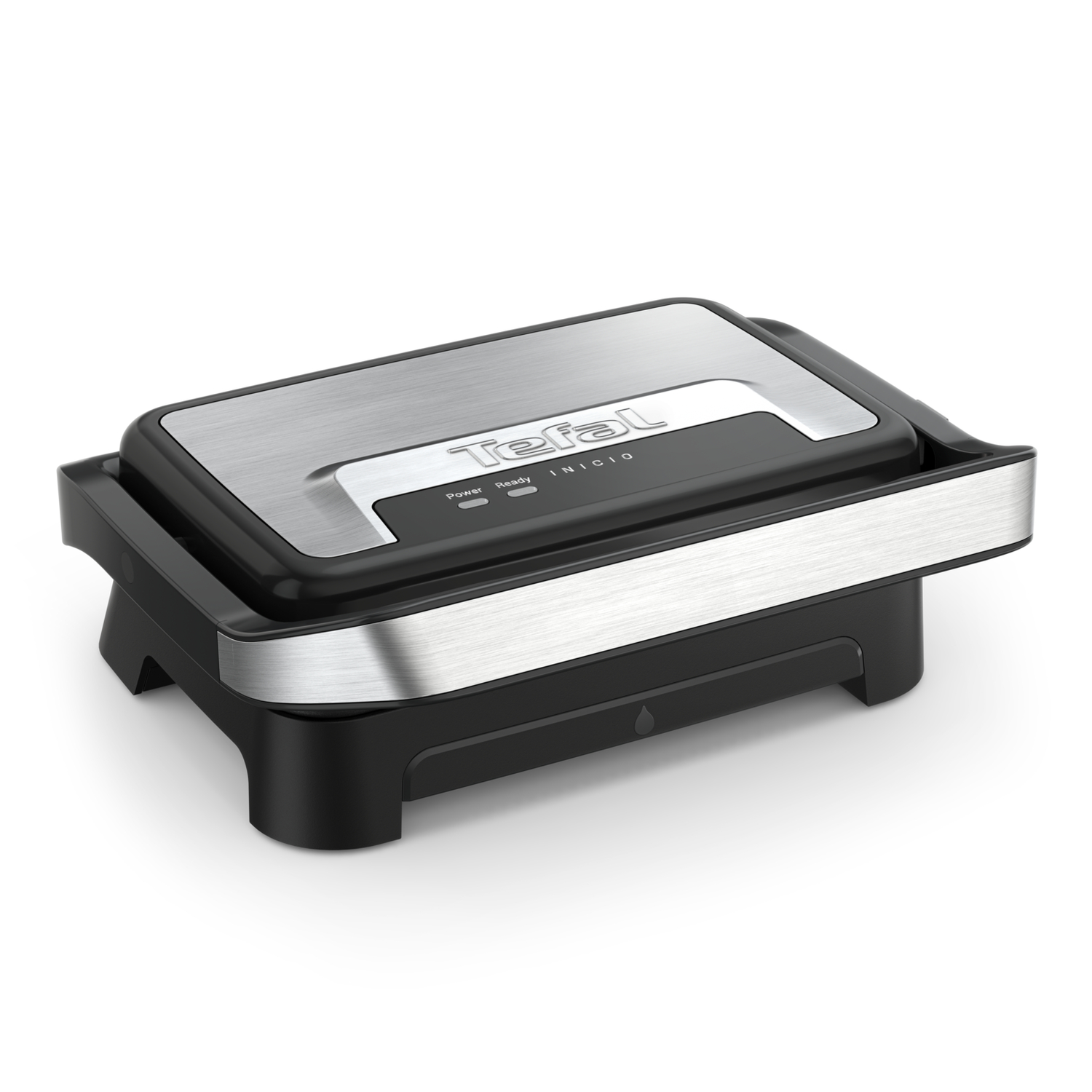 Tefal sandwichmaker, zilver en zwart, gesloten, op witte achtergrond.