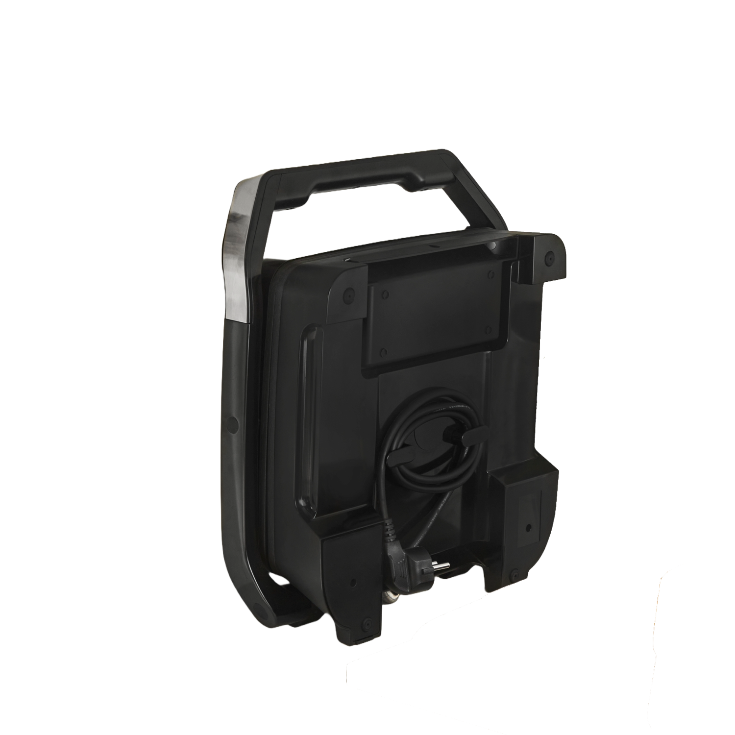 Black sandwich maker, handle up, power cord coiled. Silver accents on handle. Isolated on black background.