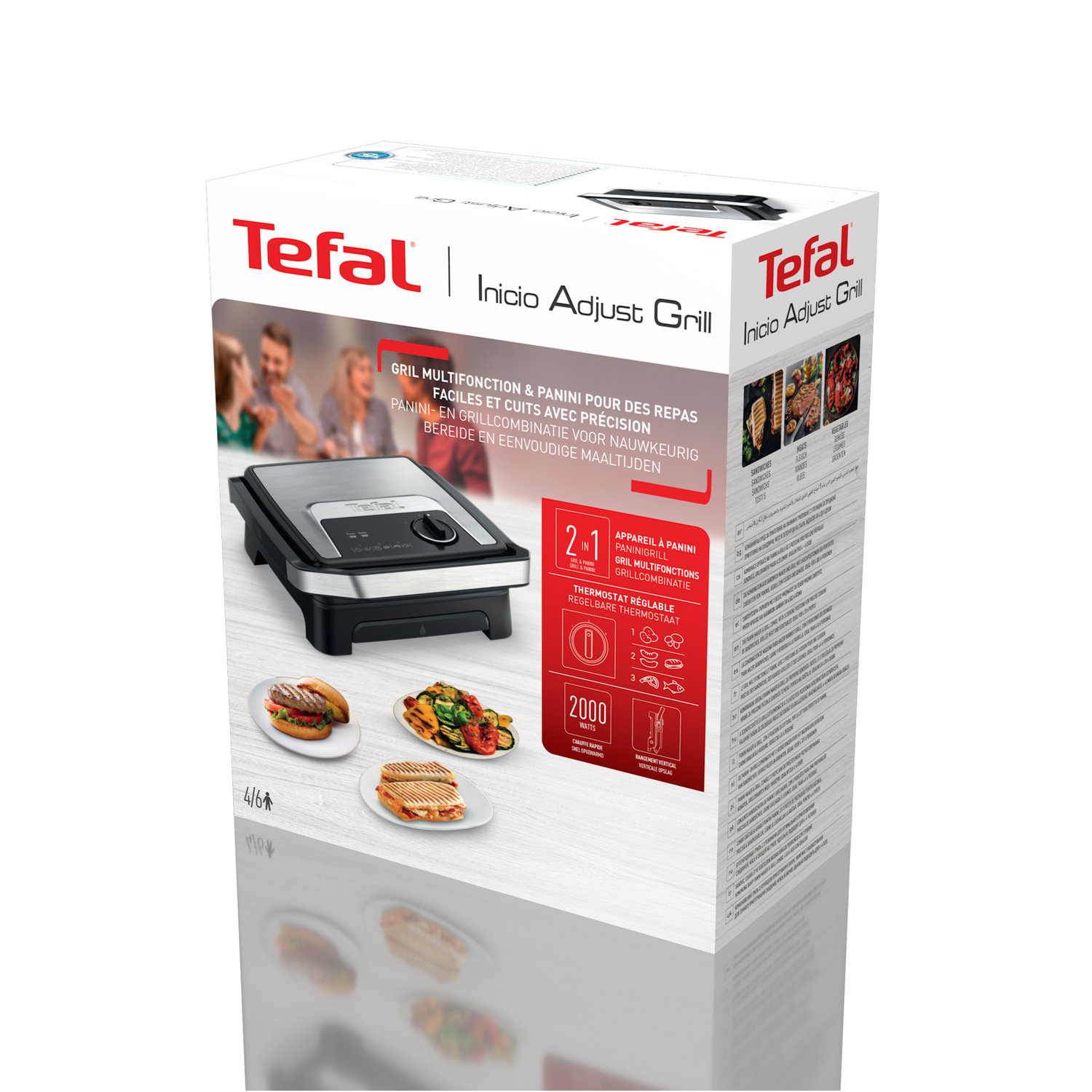 Tefal Inizio Adjust Grill in its box. The box shows images of food being cooked.