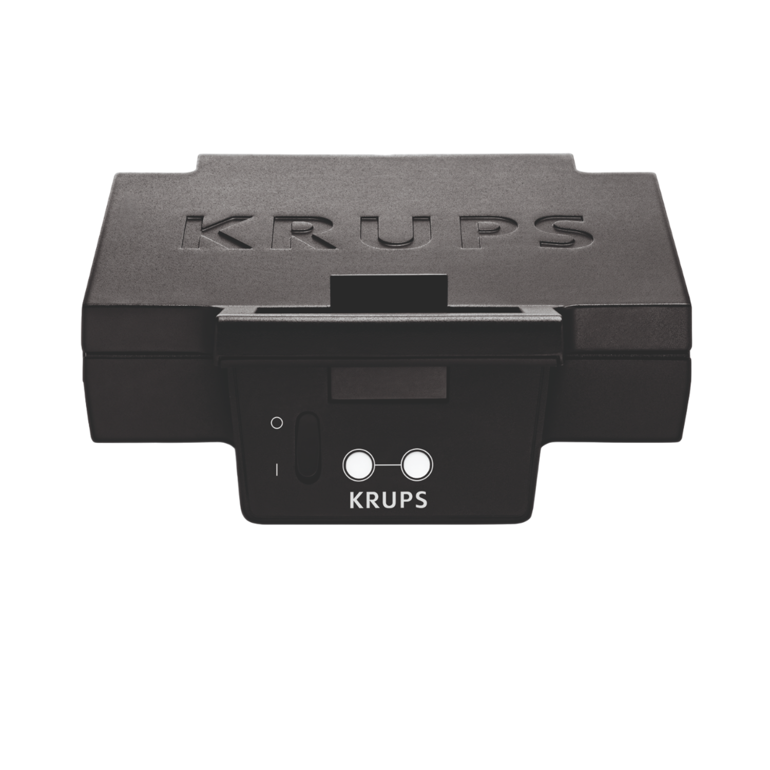 Black Krups waffle maker, with controls and the Krups logo, set against a black backdrop.