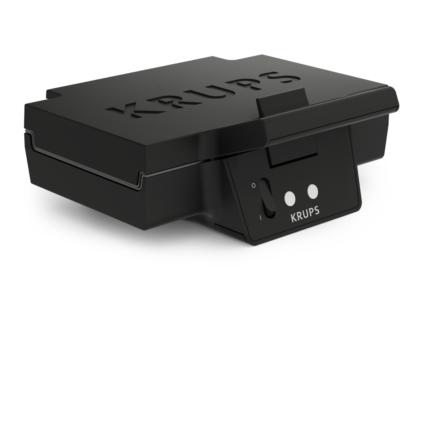 Black waffle maker with a lid and a switch.