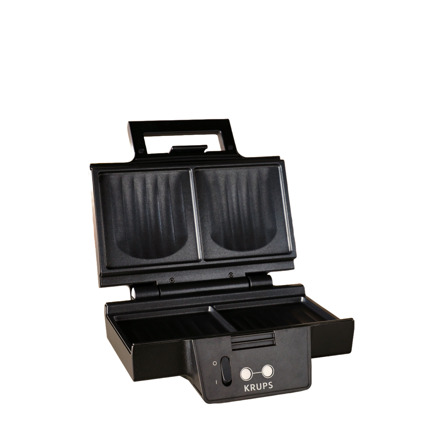 An open black waffle maker is shown on a black background. The interior has two waffle molds and control buttons.