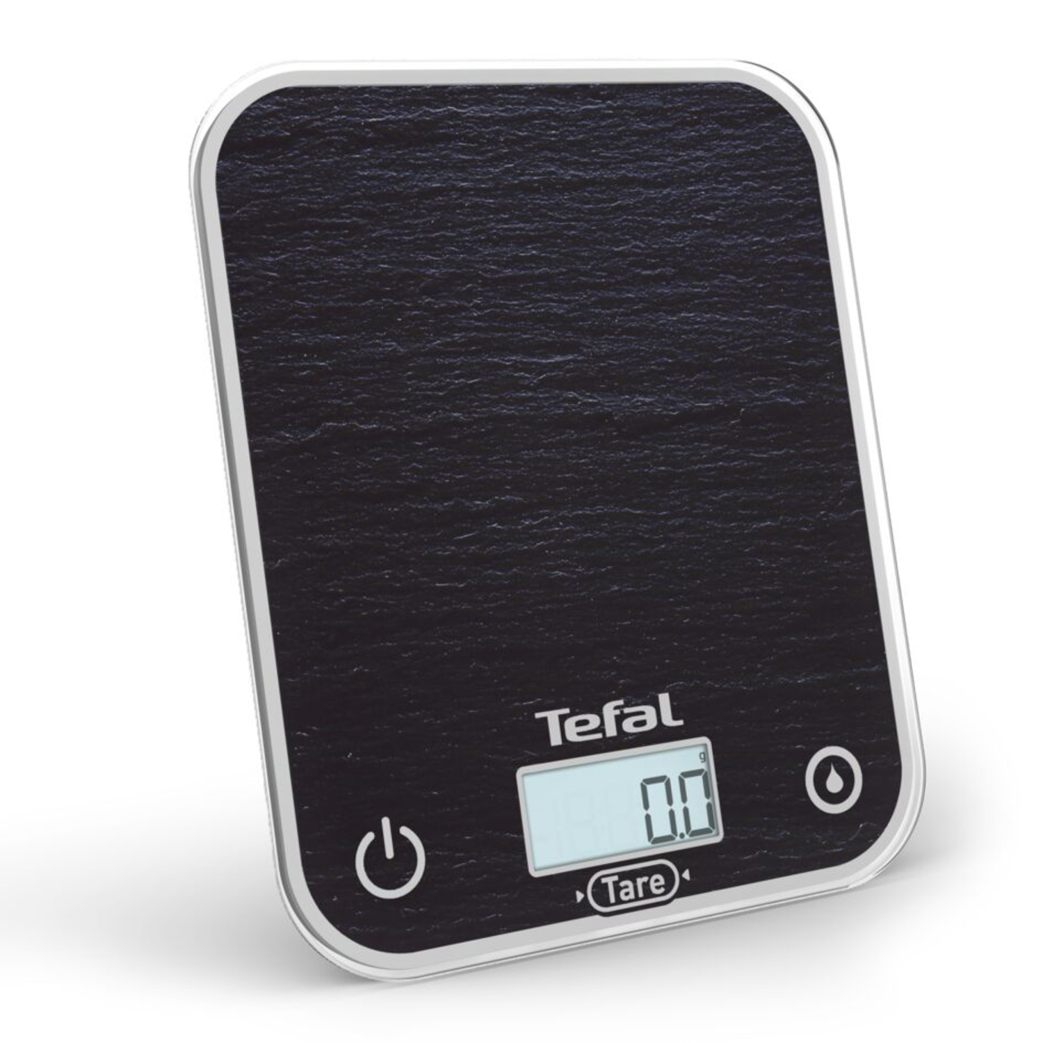 Black Tefal kitchen scale with a digital display and power and tare buttons.