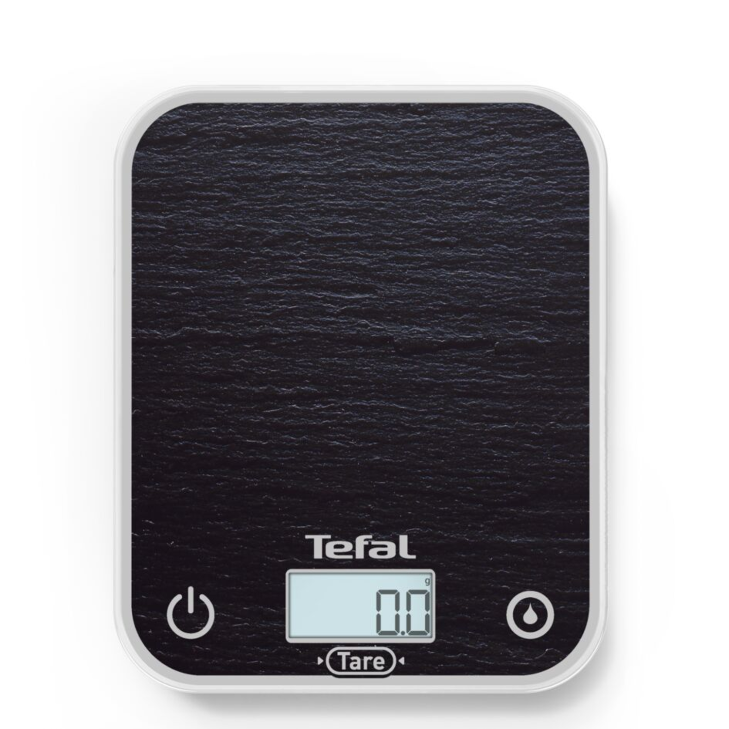 Black kitchen scale with white border. Displays 0.0 on the screen. Has buttons for power and tare.