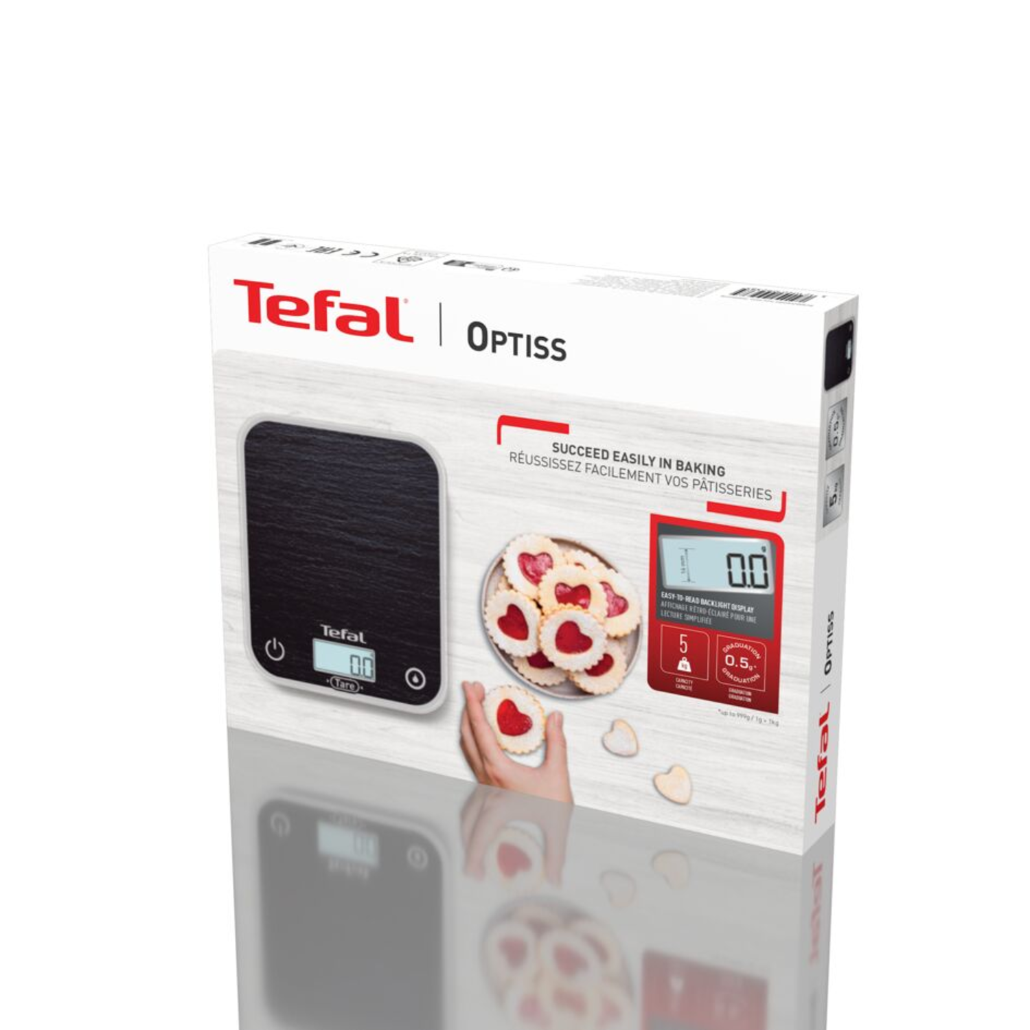 Tefal OPTISS scale box. White, black, and red branding. Shows scale and heart shaped food.