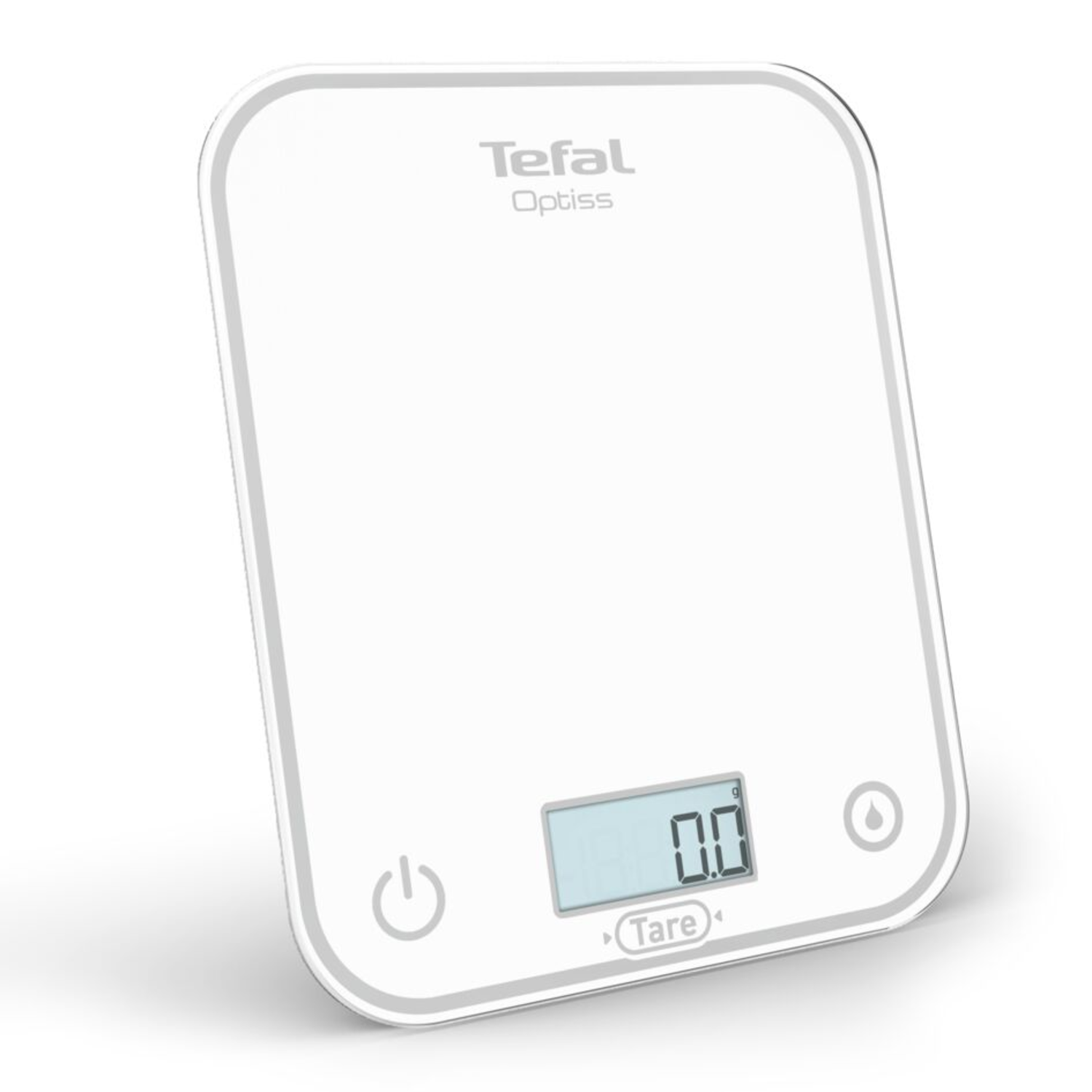 A white digital kitchen scale with a digital display showing '0.0'. A power button is visible.
