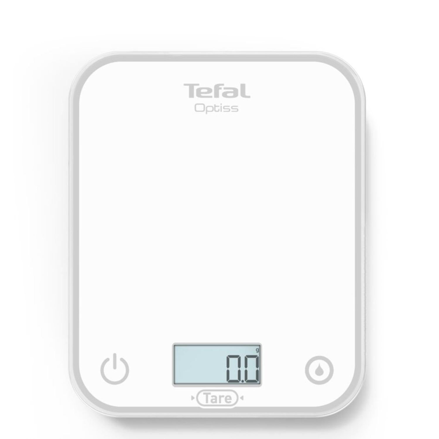 A white kitchen scale with a digital display showing '0.0'. It has power and tare buttons.