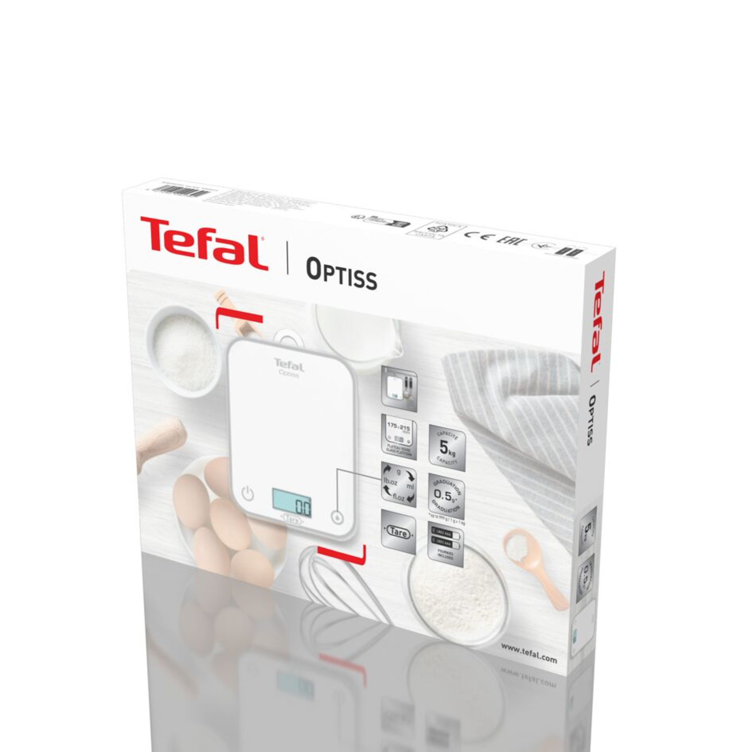 Tefal Optiss scale box. The box displays a scale on a white background with images and text.