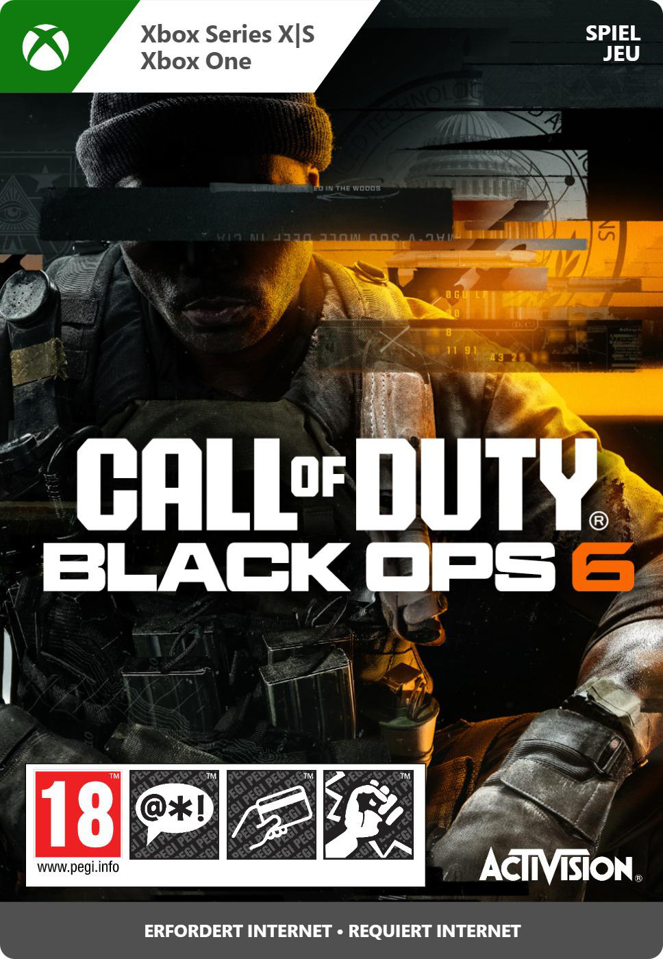 Call of Duty Black Ops 6 Spielhülle, mit schwarzem und grauem Design, ab 18, für Xbox Series X/S und Xbox One.