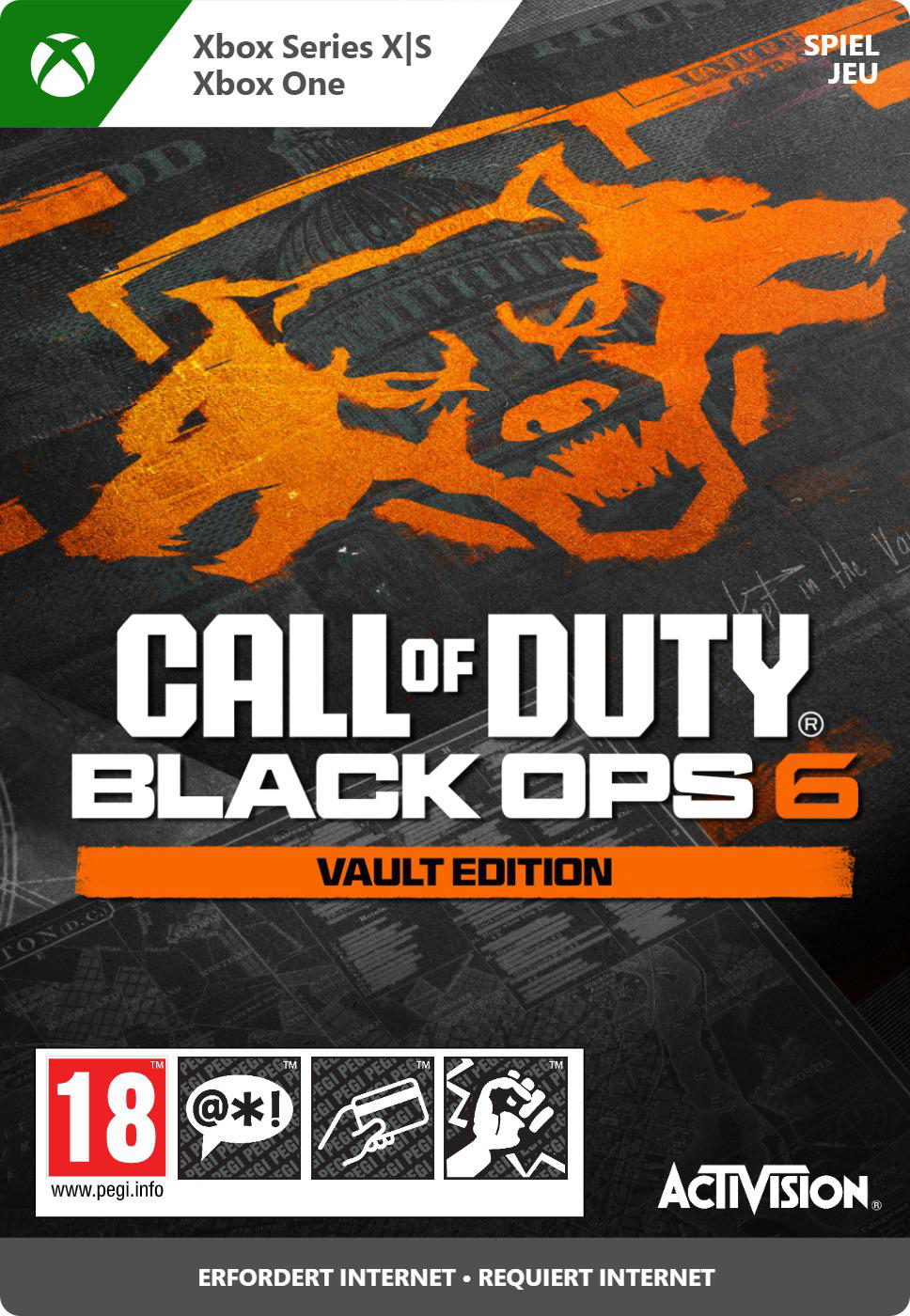 Call of Duty Black Ops 6 Spielbox. Orange und schwarzes Design. Xbox Series X|S und Xbox One.