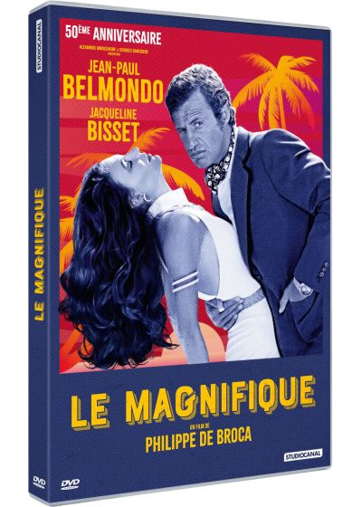 Pochette DVD de Le Magnifique avec Jean-Paul Belmondo et Jacqueline Bisset. Fond rouge et jaune.
