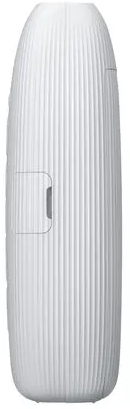Un objet cylindrique blanc, orienté verticalement. Il présente des rainures verticales et une petite zone encastrée rectangulaire avec un bouton.