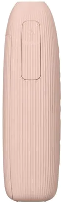 Un appareil rose, nervuré, de forme ovale, avec une section encastrée. L'appareil a une petite indentation rectangulaire.
