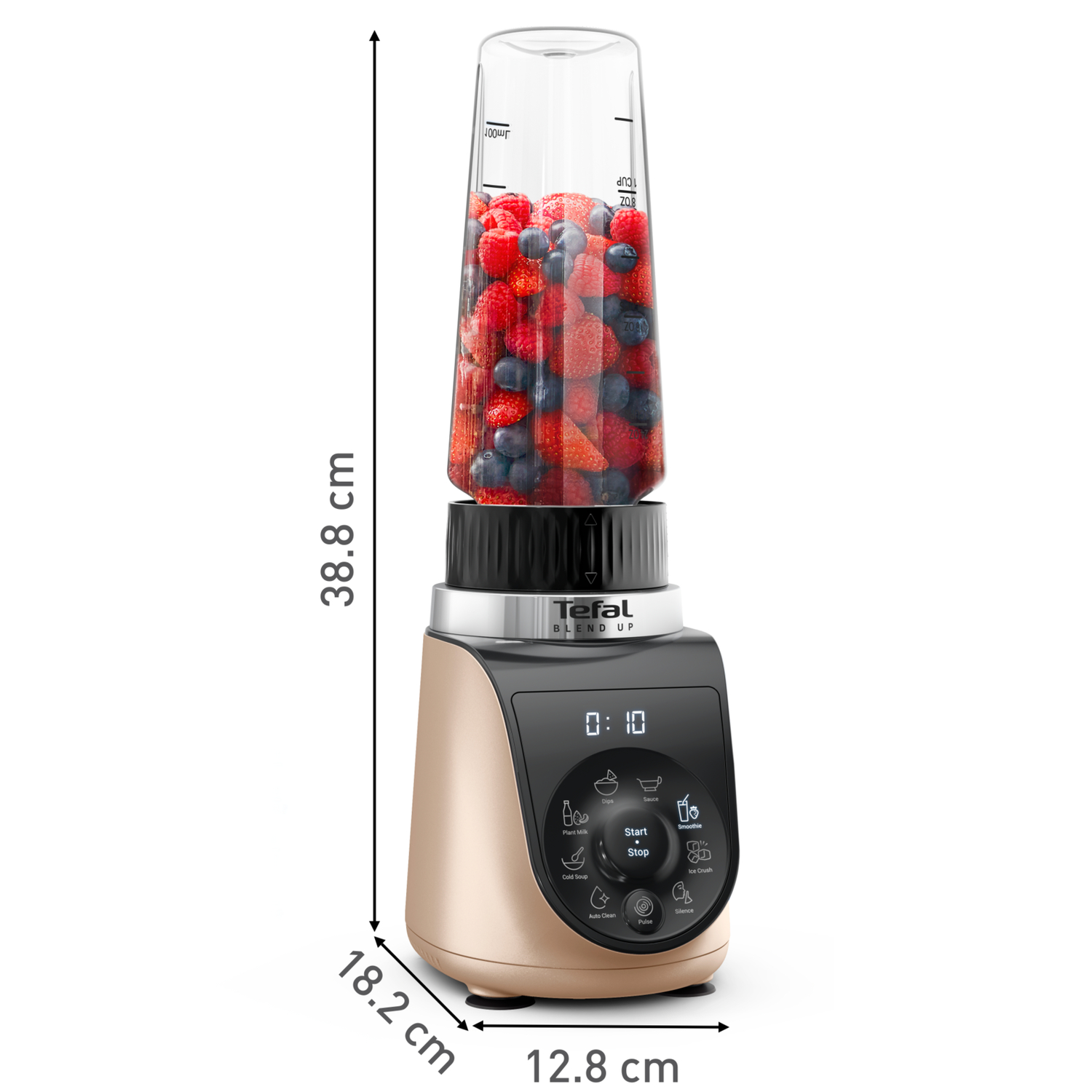 A gold and black blender with a glass container filled with berries. Dimensions are labeled.