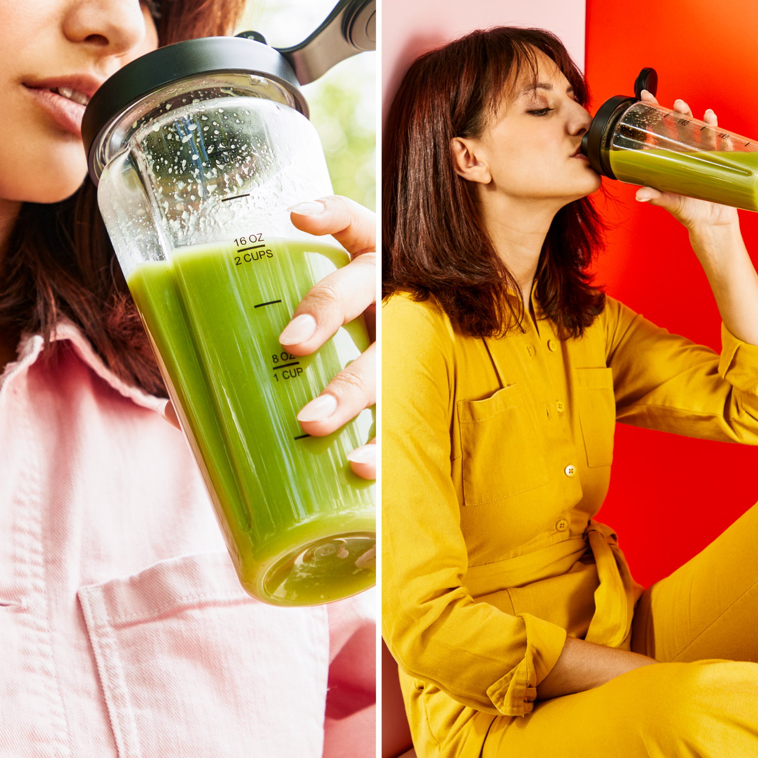 Two people drinking green liquid from a blender. One pink shirt, one yellow jumpsuit. Blenders are visible.