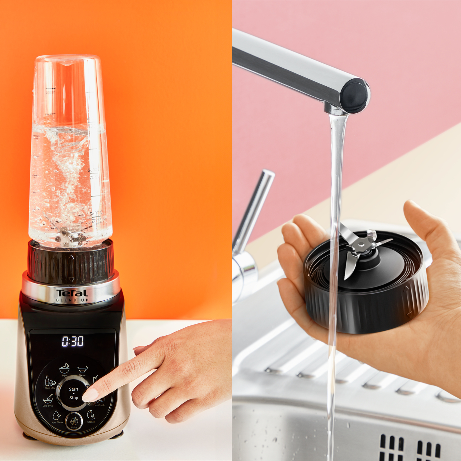 Blender with water being poured and hand on start button.