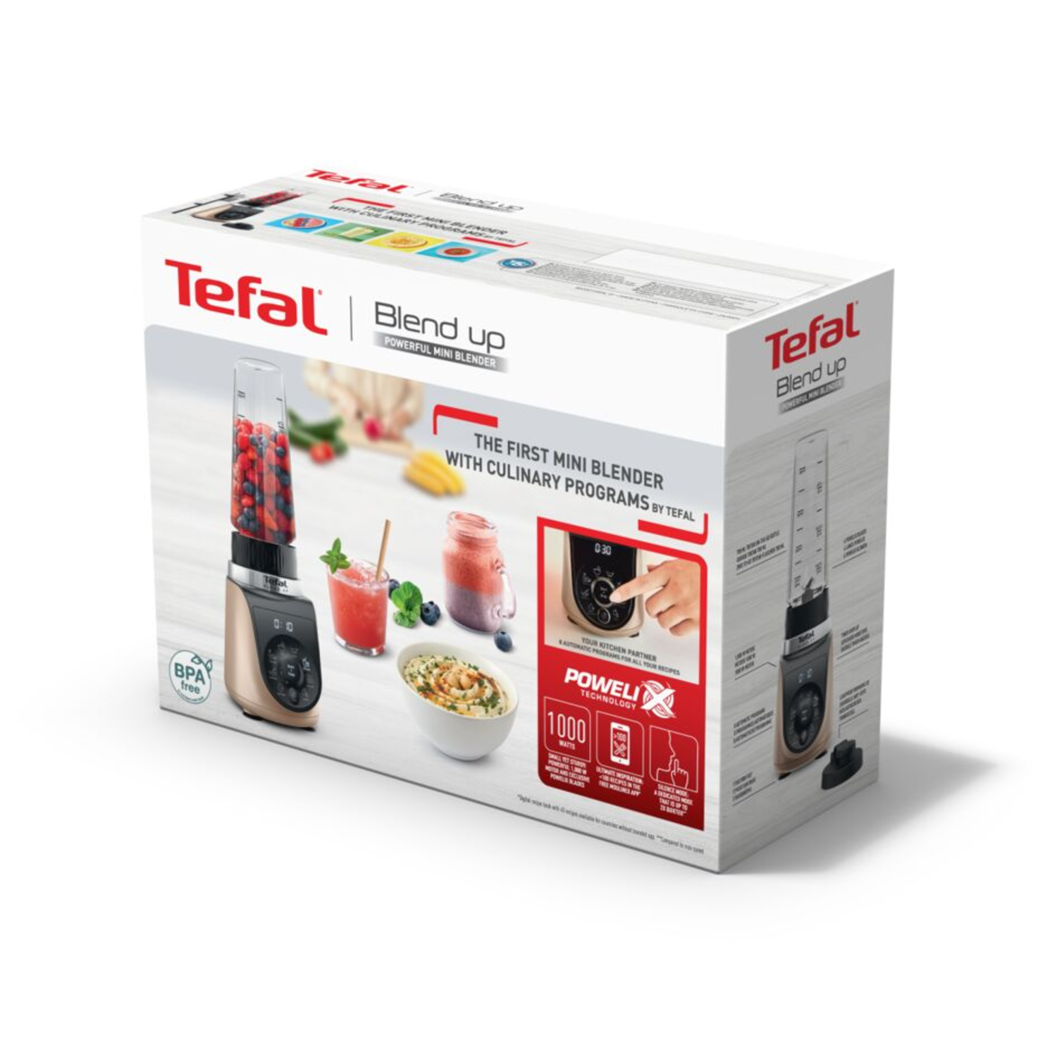 Tefal Blend Up blender box on white background. Blender and ingredients are shown in pictures.