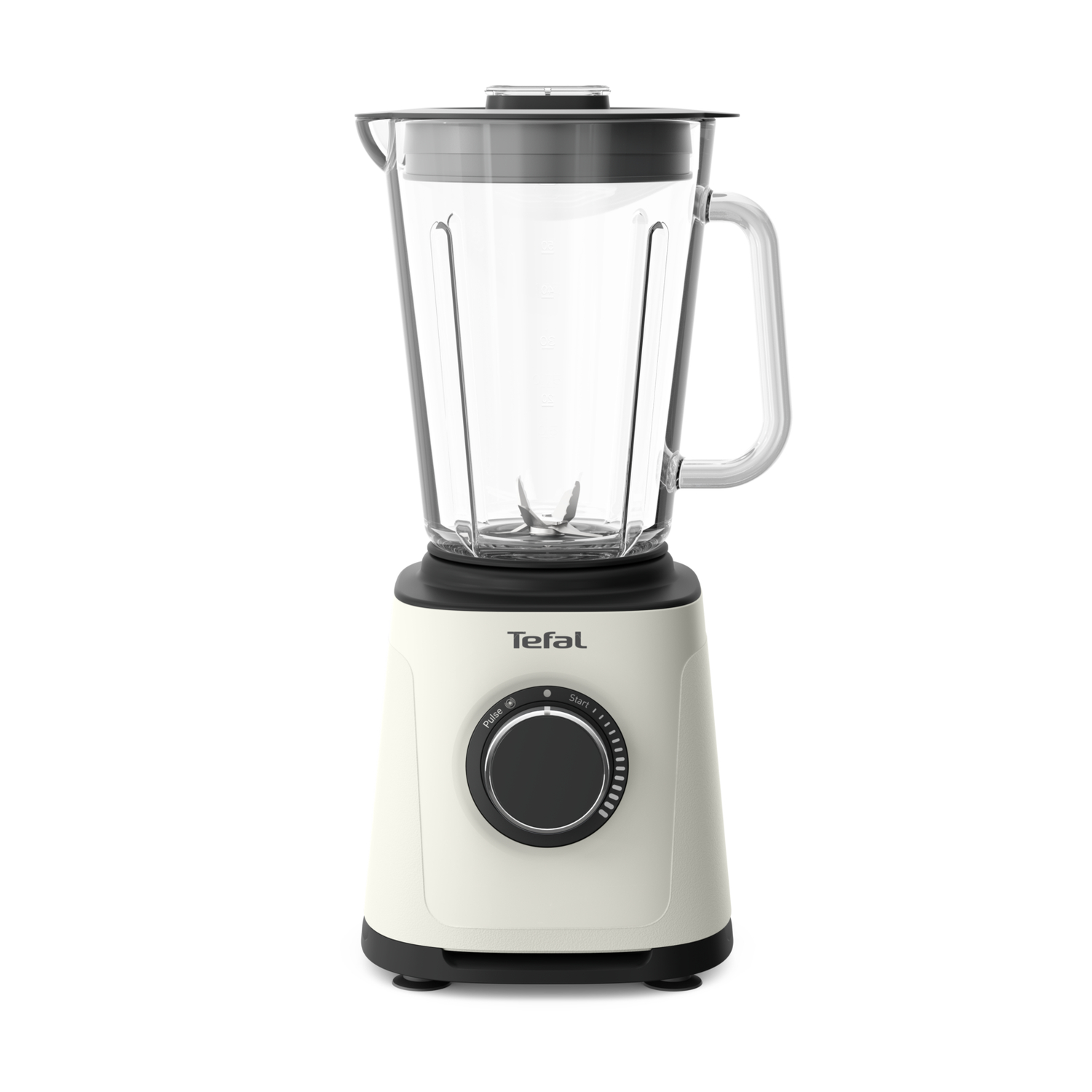 A white and black blender with a glass jar on a white background.