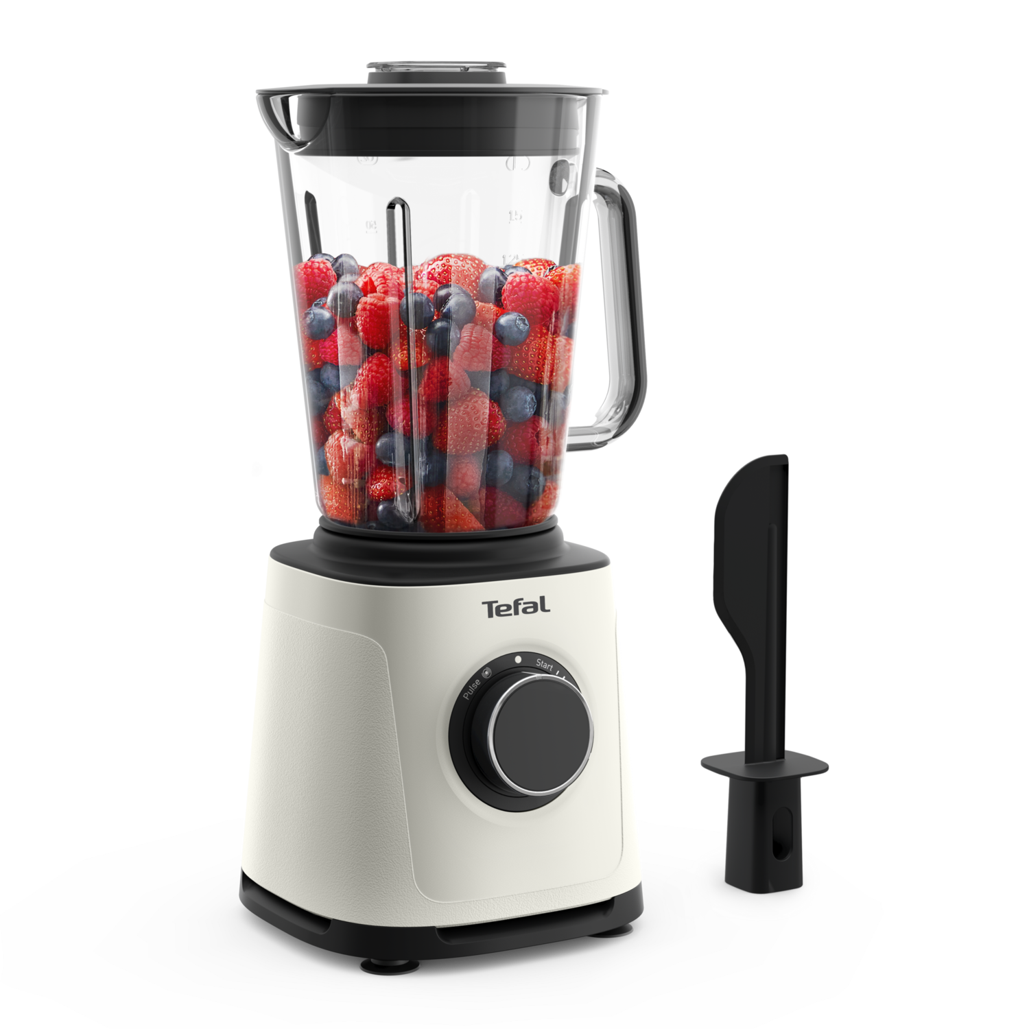 White and black Tefal blender with berries inside, and a black spatula.