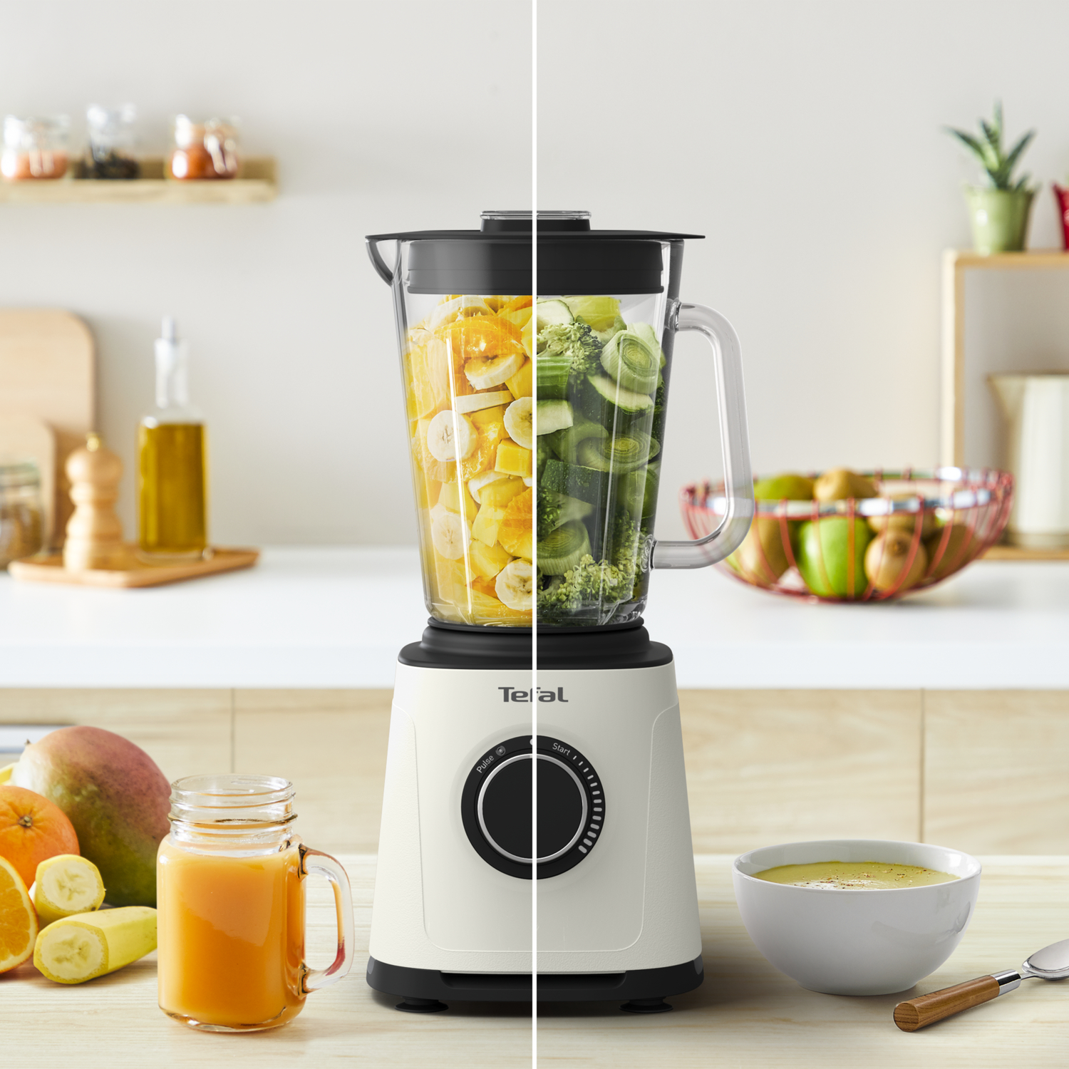 Blender with ingredients: bananas, oranges, broccoli. A jar of juice and a bowl of soup.