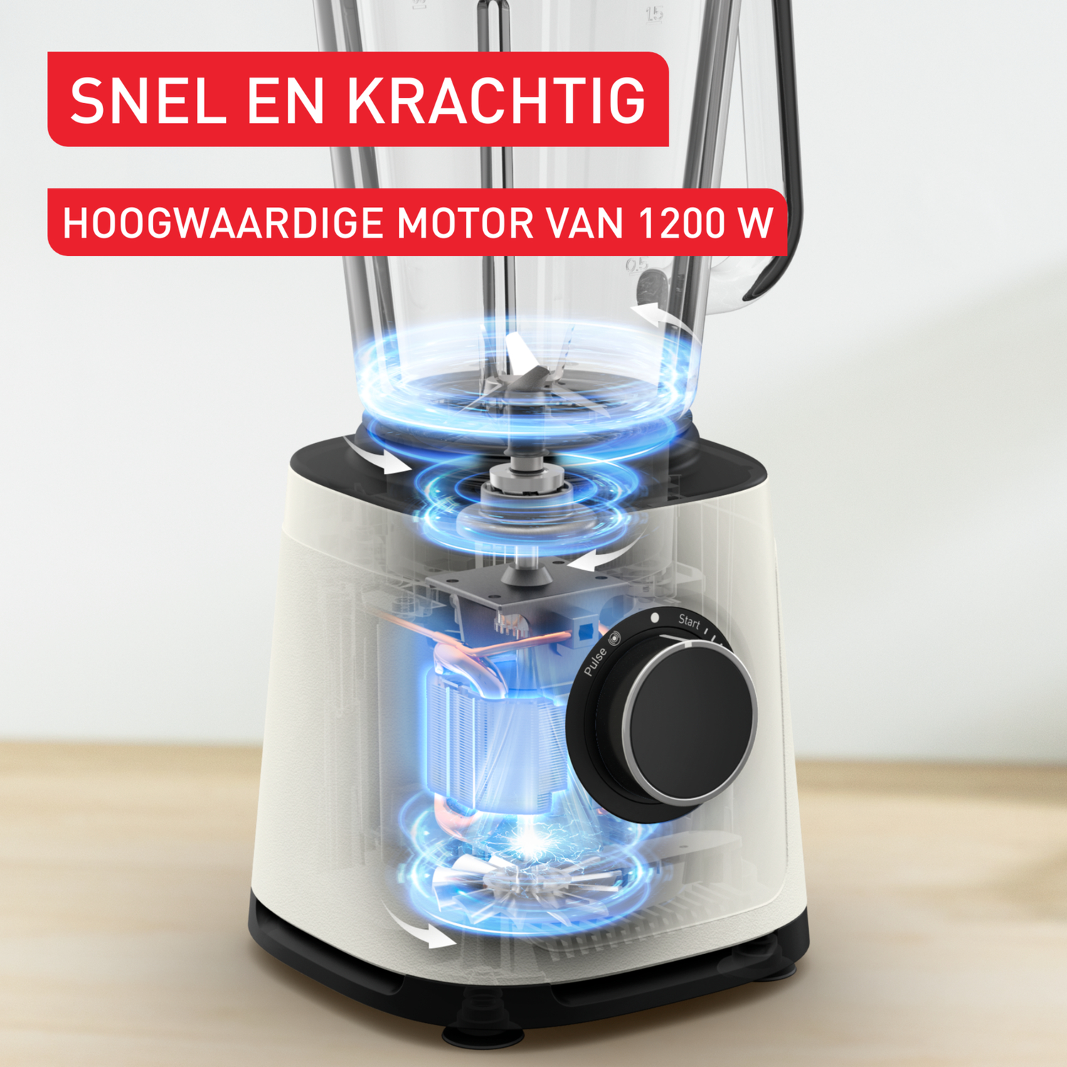 Blender, transparent view, white base, clear glass, white and red text, blue light effect.
