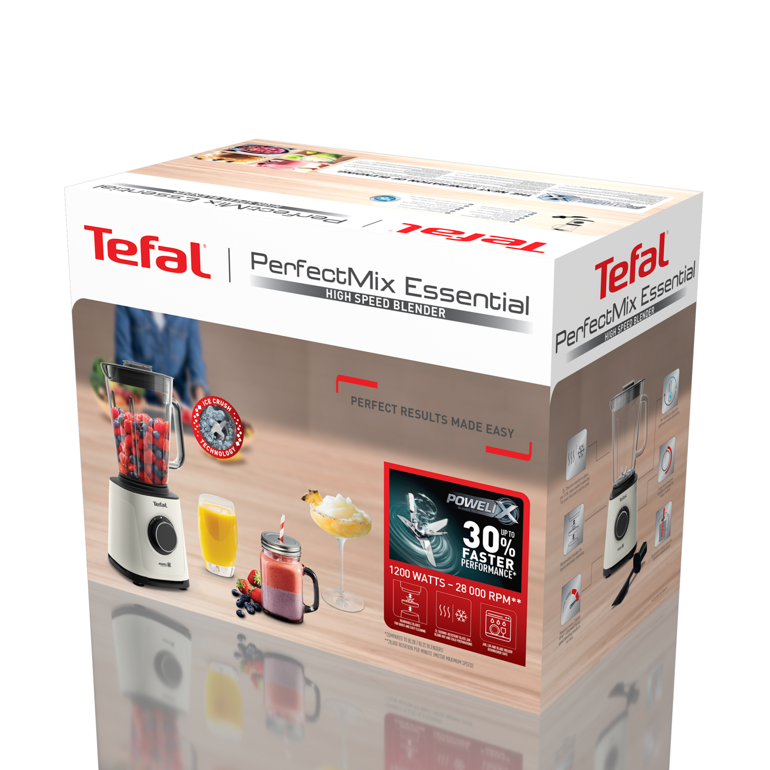 A box with a Tefal PerfectMix blender displayed. It shows the blender with ingredients and product features.