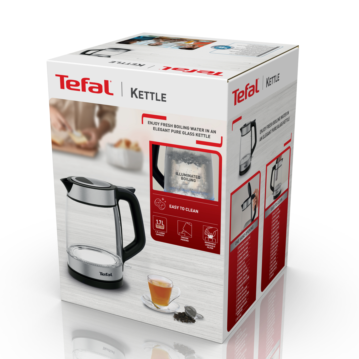 Een productdoos voor een Tefal waterkoker. De doos toont afbeeldingen van de waterkoker en zijn functies.