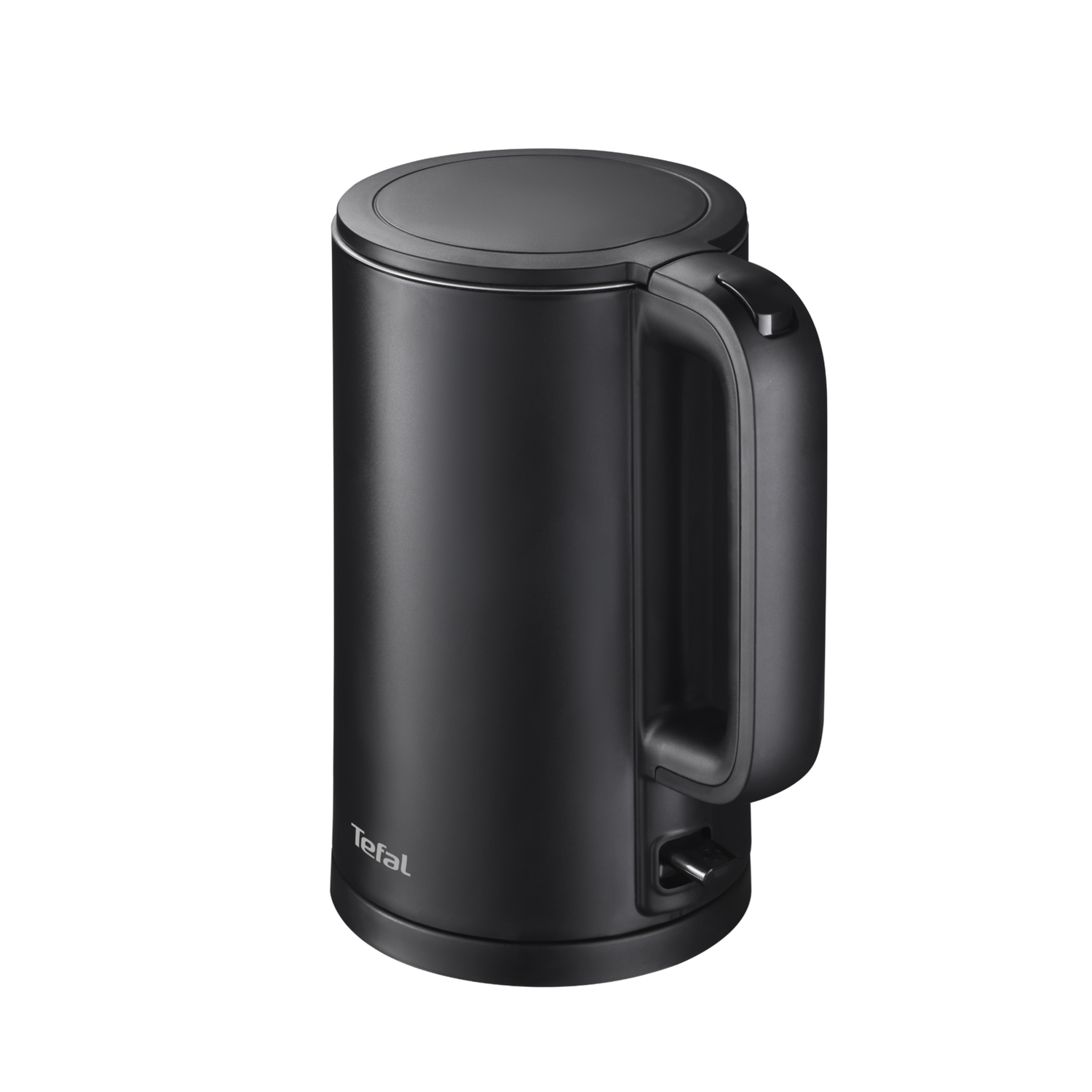 A black Tefal kettle with a handle, on a white background.