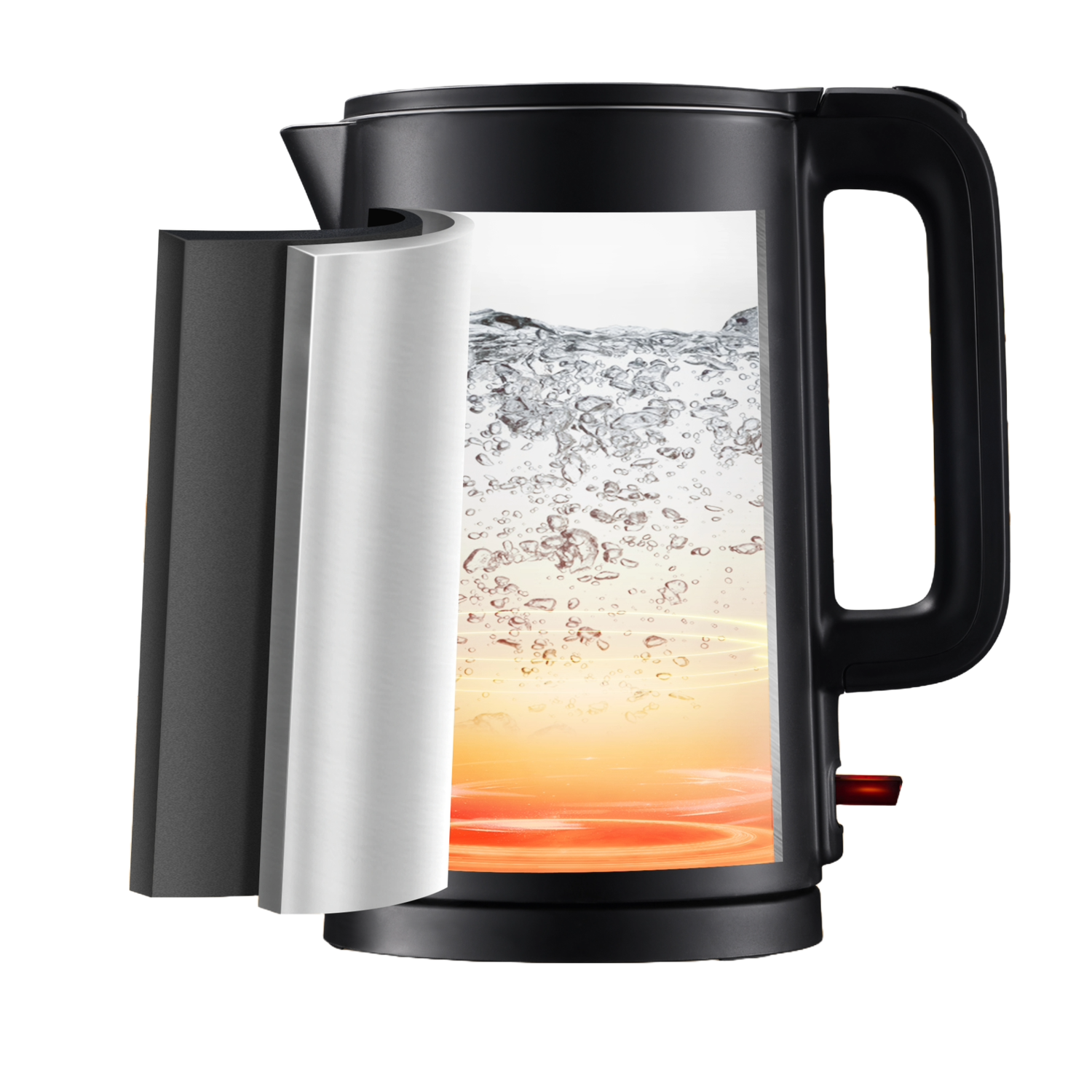 A black electric kettle with a cutaway showing boiling water, and a red power button.
