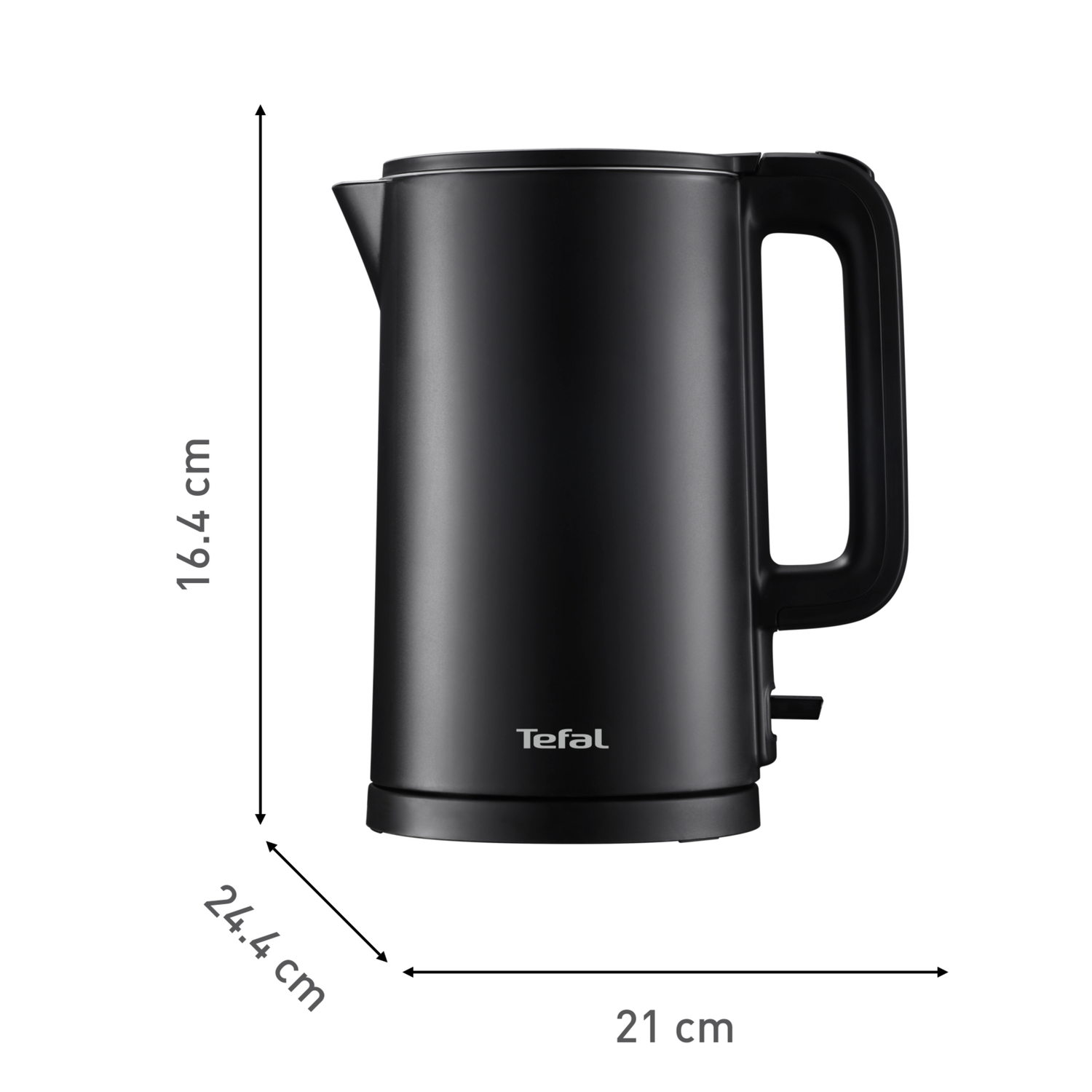 Black electric kettle. Dimensions are indicated: 16.4cm high, 24.4cm base, 21cm wide. Tefal brand.