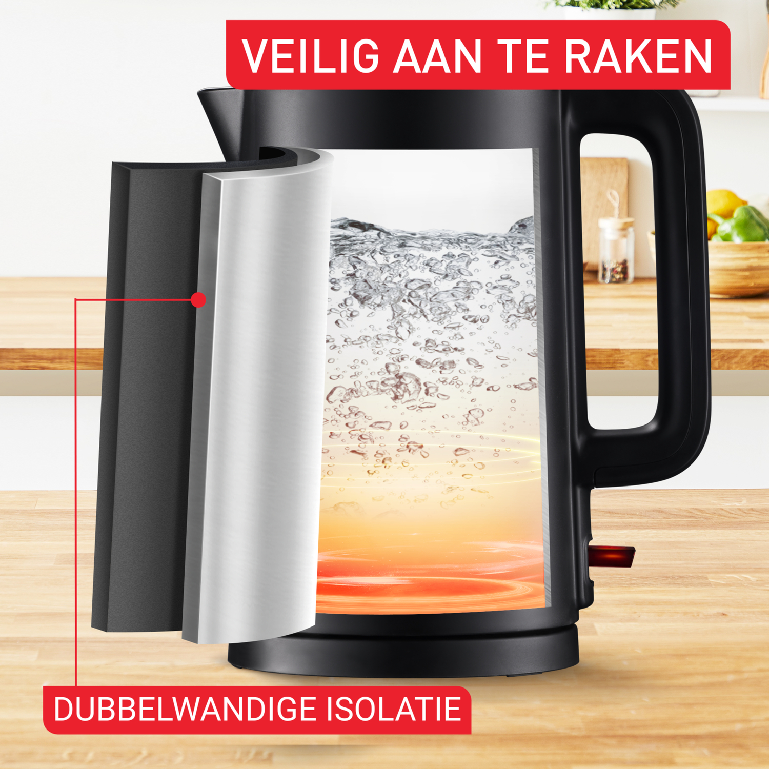 Black kettle with double-wall insulation detail. Text reads 'Safe to Touch'.